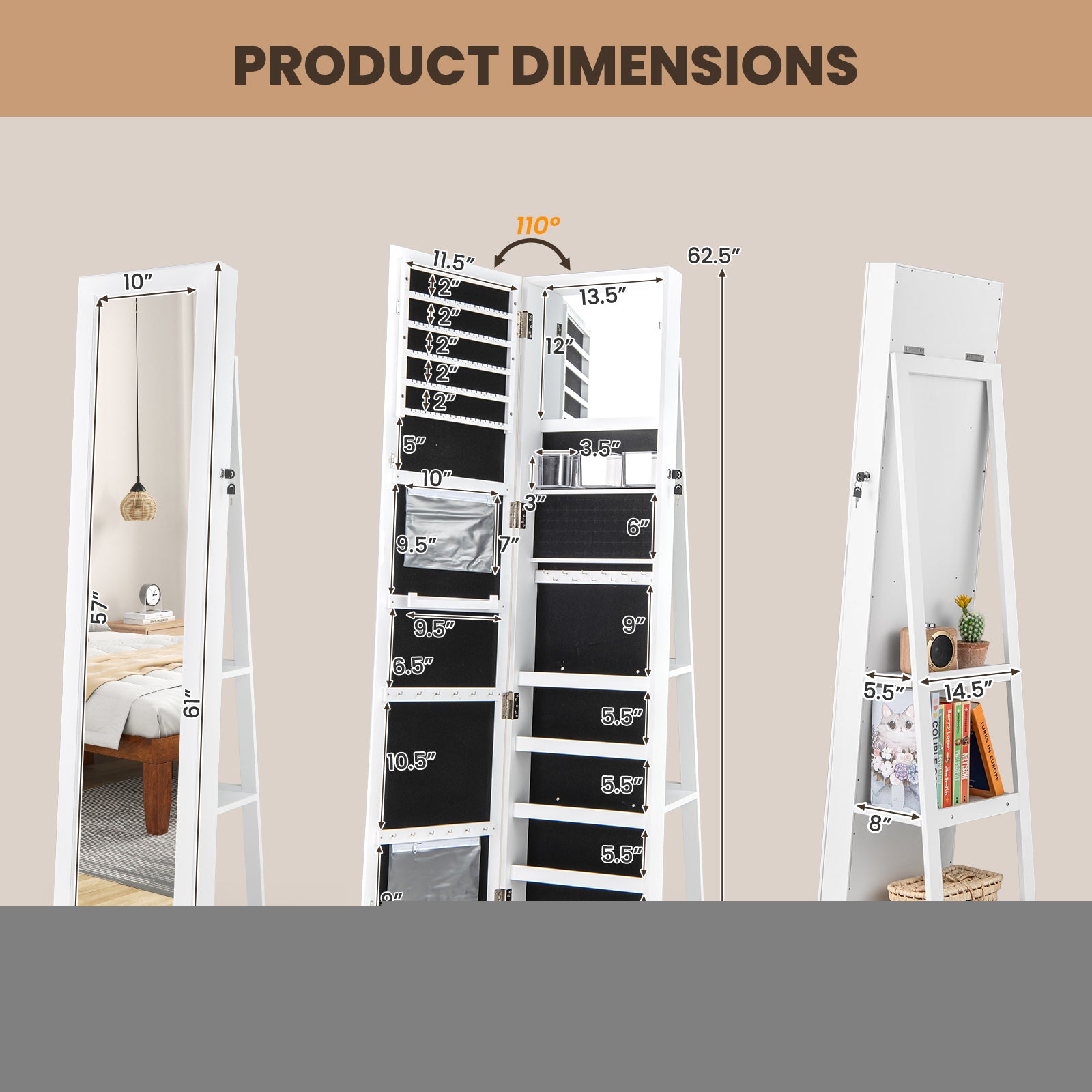 360° Swivel Jewelry Armoire Organizer, Full Length Mirror, White Jewelry Armoires at Gallery Canada