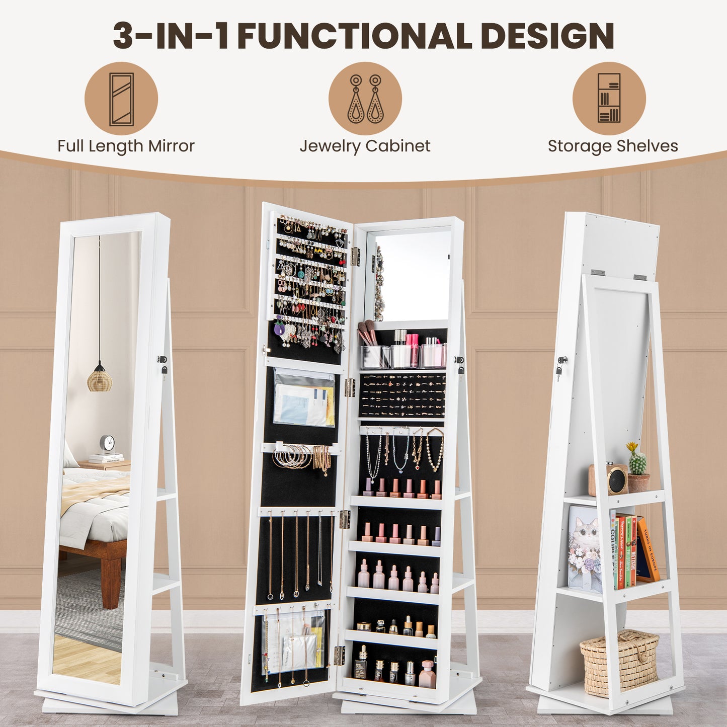 360° Swivel Jewelry Armoire Organizer, Full Length Mirror, White Jewelry Armoires at Gallery Canada