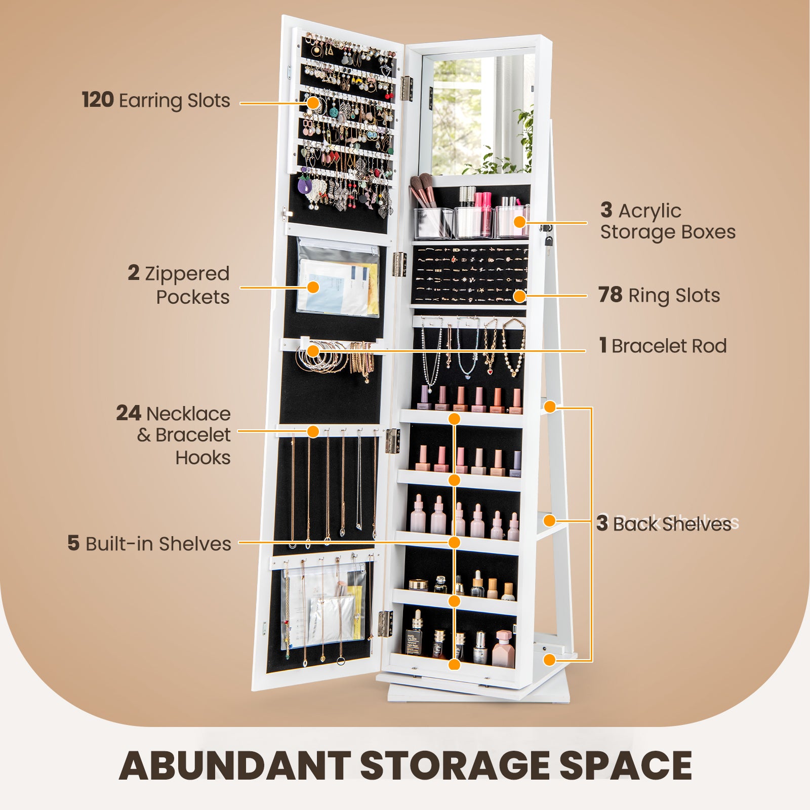 360° Swivel Jewelry Armoire Organizer, Full Length Mirror, White Jewelry Armoires at Gallery Canada