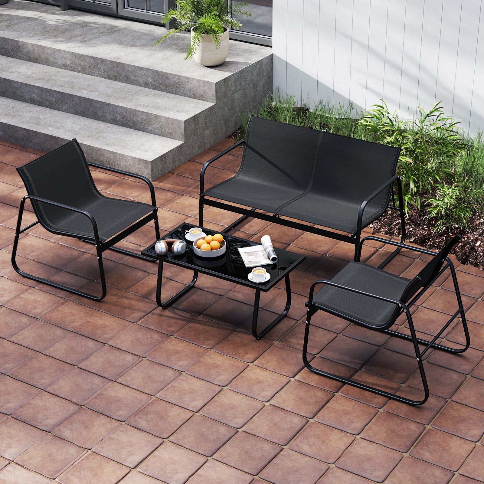 4 Pieces Patio Furniture Set Fabric Lawn Chairs and Loveseat with Glass Coffee Table, Black Patio Conversation Sets at Gallery Canada