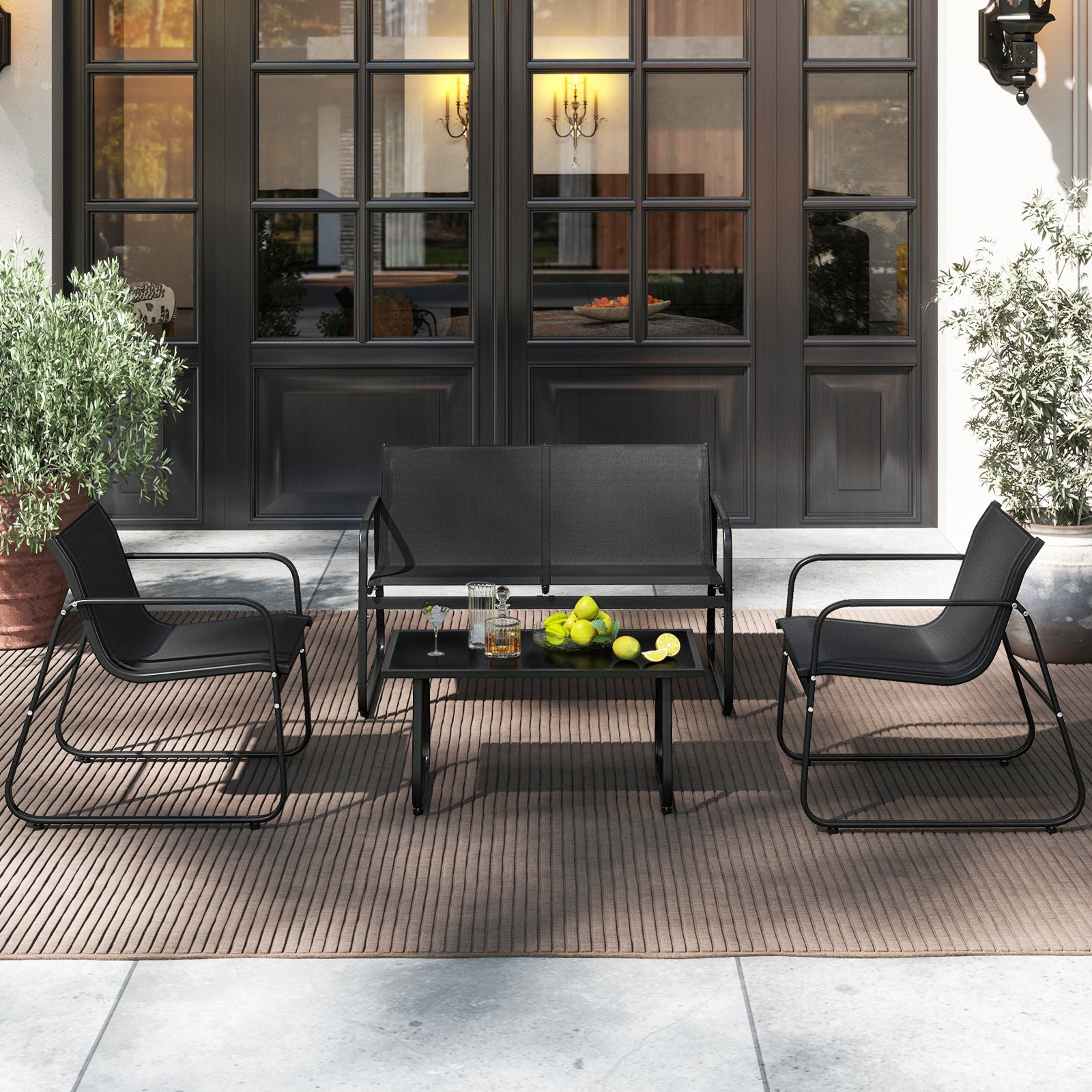 4 Pieces Patio Furniture Set Fabric Lawn Chairs and Loveseat with Glass Coffee Table, Black Patio Conversation Sets at Gallery Canada