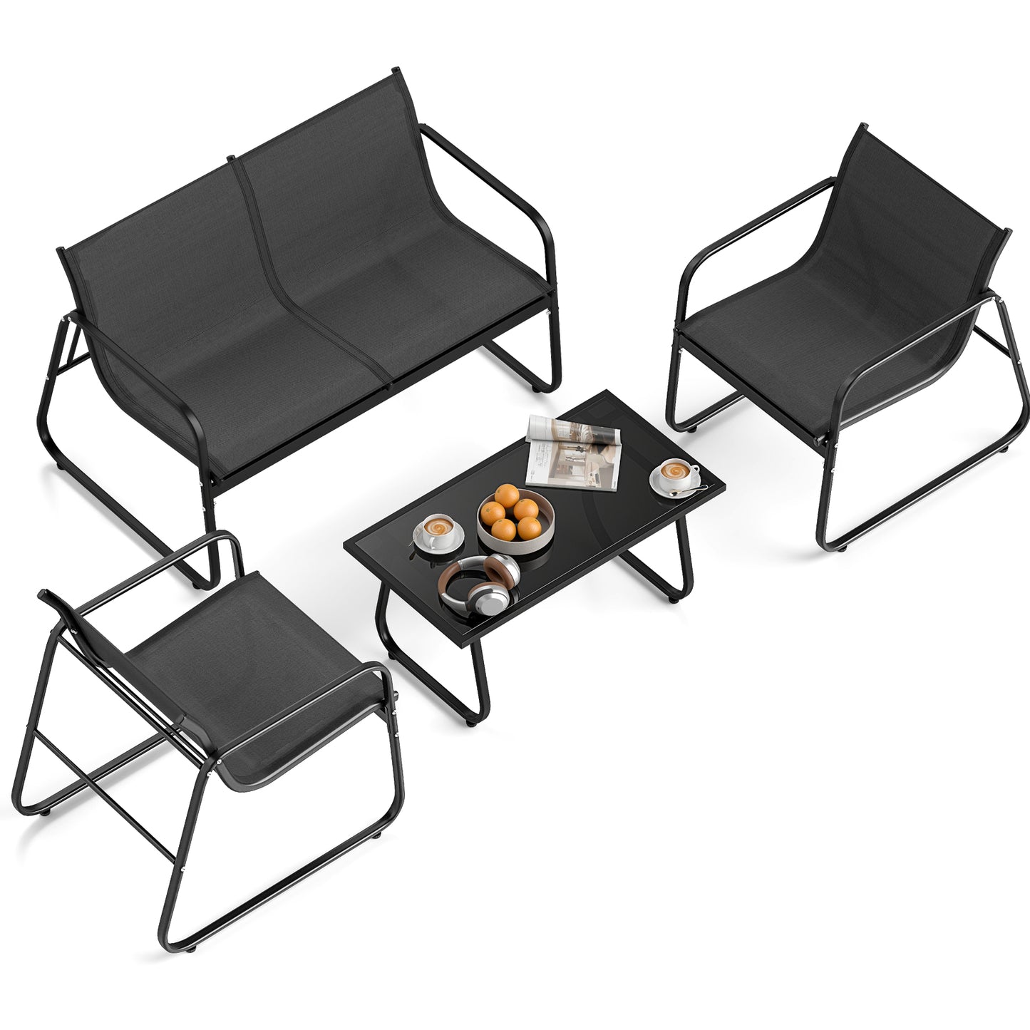 4 Pieces Patio Furniture Set Fabric Lawn Chairs and Loveseat with Glass Coffee Table, Black Patio Conversation Sets at Gallery Canada