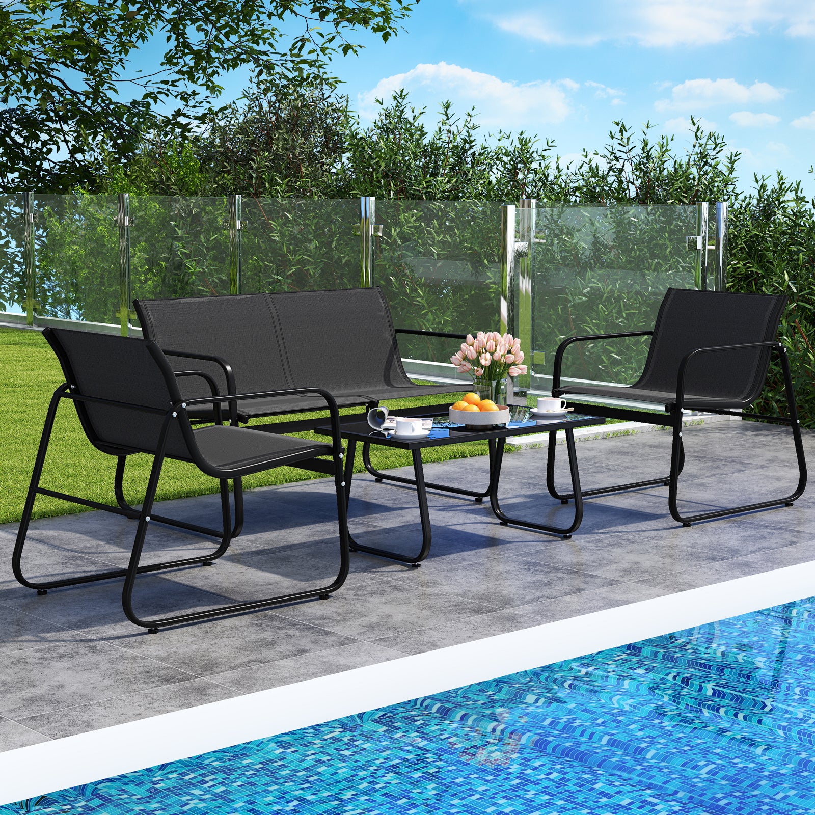 4 Pieces Patio Furniture Set Fabric Lawn Chairs and Loveseat with Glass Coffee Table, Black Patio Conversation Sets at Gallery Canada