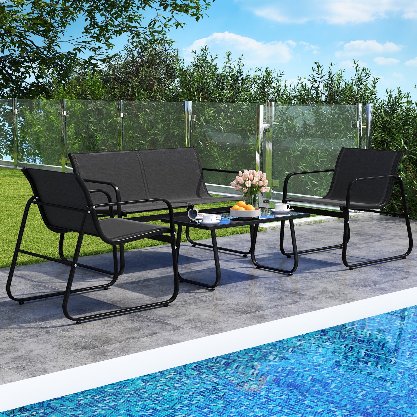 4 Pieces Patio Furniture Set Fabric Lawn Chairs and Loveseat with Glass Coffee Table, Black Patio Conversation Sets at Gallery Canada