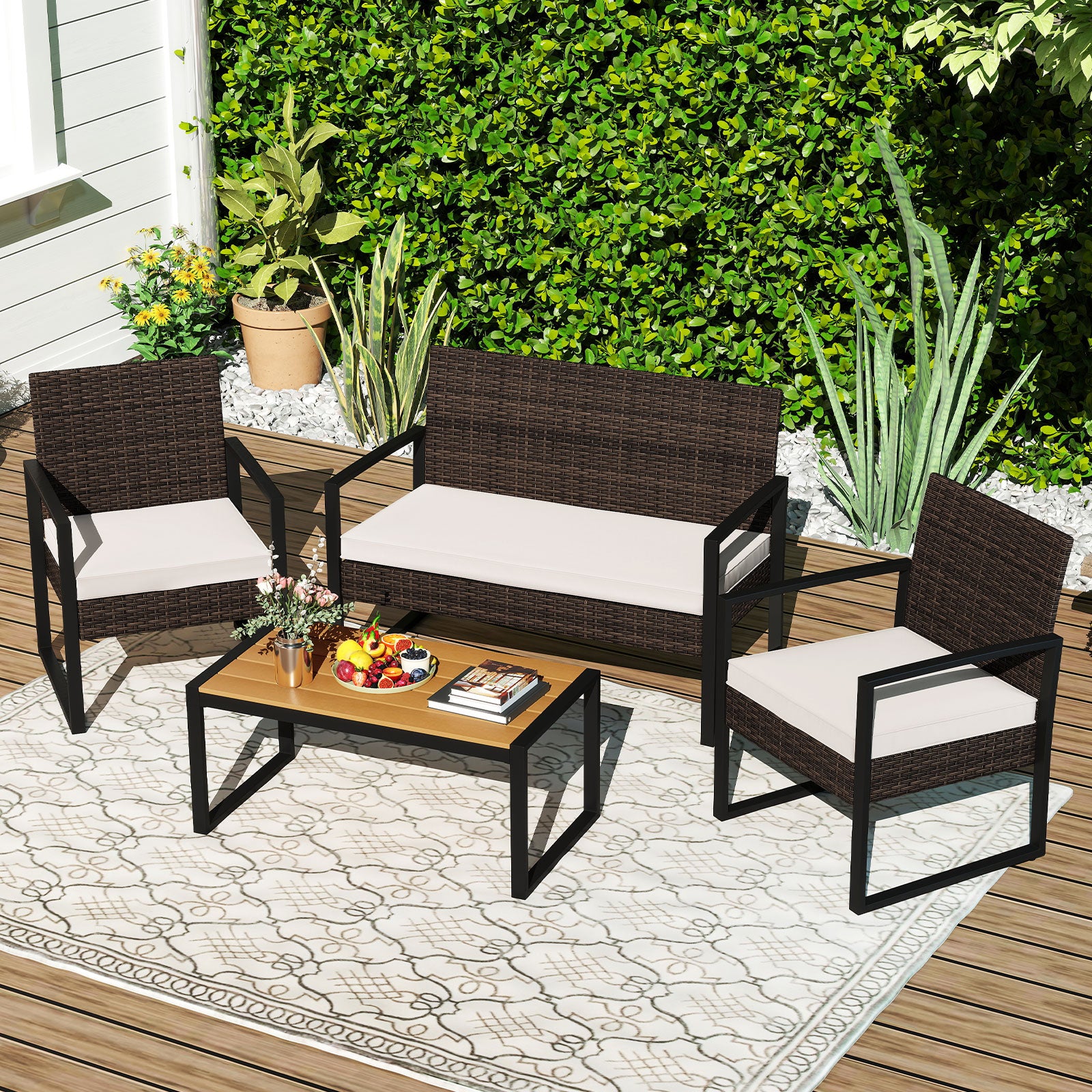 4 Piece Patio Furniture Set Outdoor Rattan Conversation Set with Cushioned Chairs and Wood Plastic Coffee Table, Off White Patio Conversation Sets at Gallery Canada