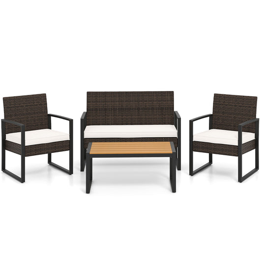 4 Piece Rattan Patio Set, Cushioned Chairs, Wood Plastic Table, Off White