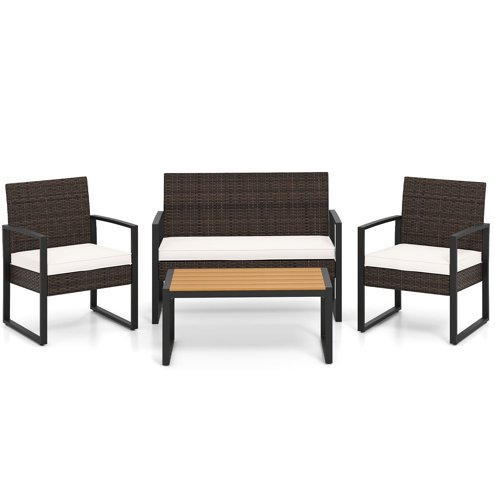 4 Piece Patio Furniture Set Outdoor Rattan Conversation Set with Cushioned Chairs and Wood Plastic Coffee Table, Off White Patio Conversation Sets Off White at Gallery Canada