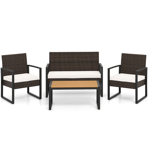 4 Piece Patio Furniture Set Outdoor Rattan Conversation Set with Cushioned Chairs and Wood Plastic Coffee Table, Off White