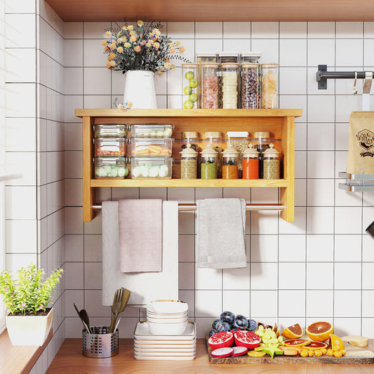 Wall-Mounted 2-Tier Solid Teak Wood Bathroom Shelf, Towel Bar, Natural Wall Cabinets Natural at Gallery Canada