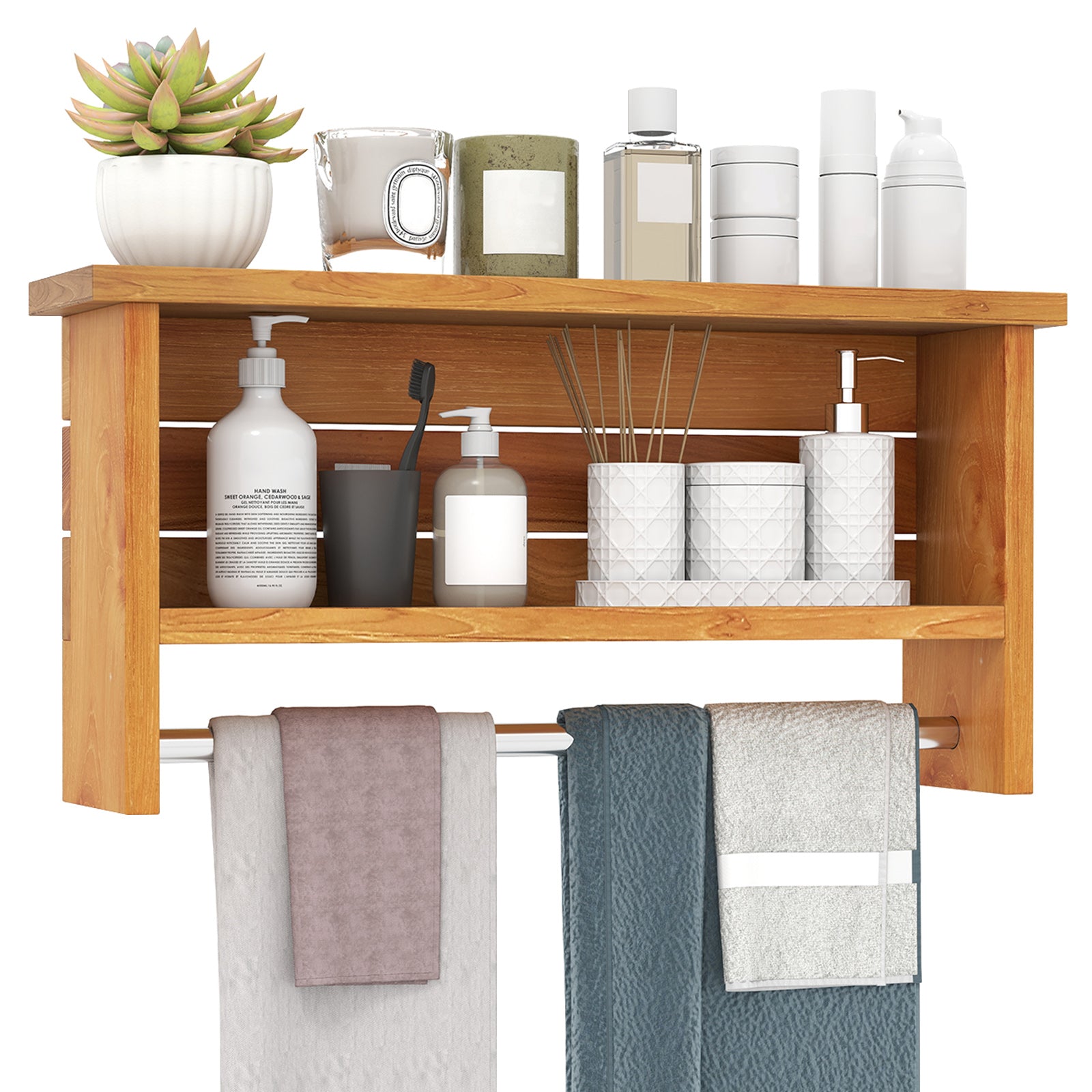 Wall-Mounted 2-Tier Solid Teak Wood Bathroom Shelf with Towel Bar, Natural Wall Cabinets at Gallery Canada