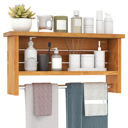 Wall-Mounted 2-Tier Solid Teak Wood Bathroom Shelf with Towel Bar, Natural Wall Cabinets at Gallery Canada