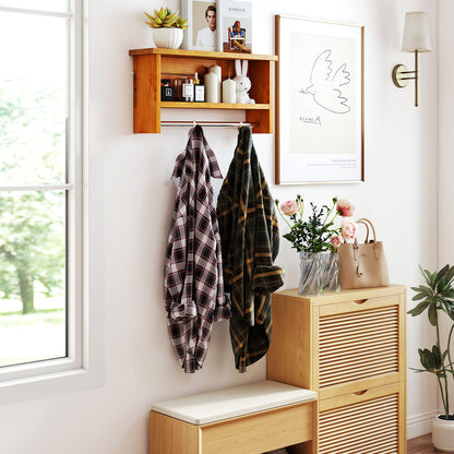 Wall-Mounted 2-Tier Solid Teak Wood Bathroom Shelf with Towel Bar, Natural Wall Cabinets at Gallery Canada