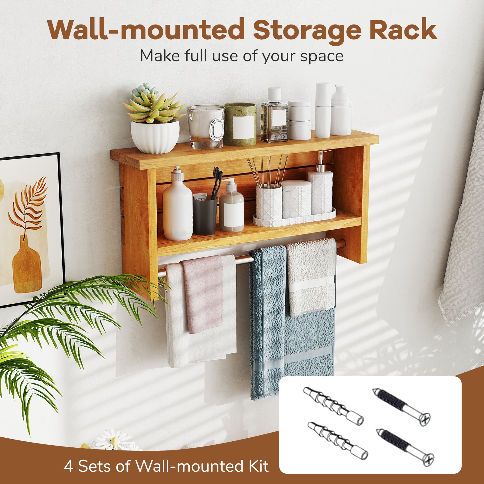 Wall-Mounted 2-Tier Solid Teak Wood Bathroom Shelf with Towel Bar, Natural Wall Cabinets at Gallery Canada