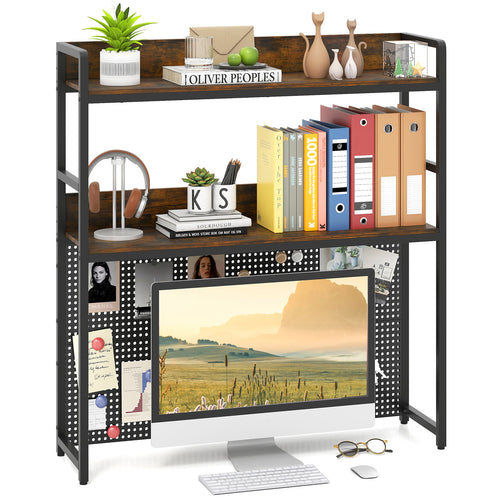 Multipurpose 2-Tier Desktop Bookshelf with Pegboard for up to 32 Inch Computer Monitor, Rustic Brown