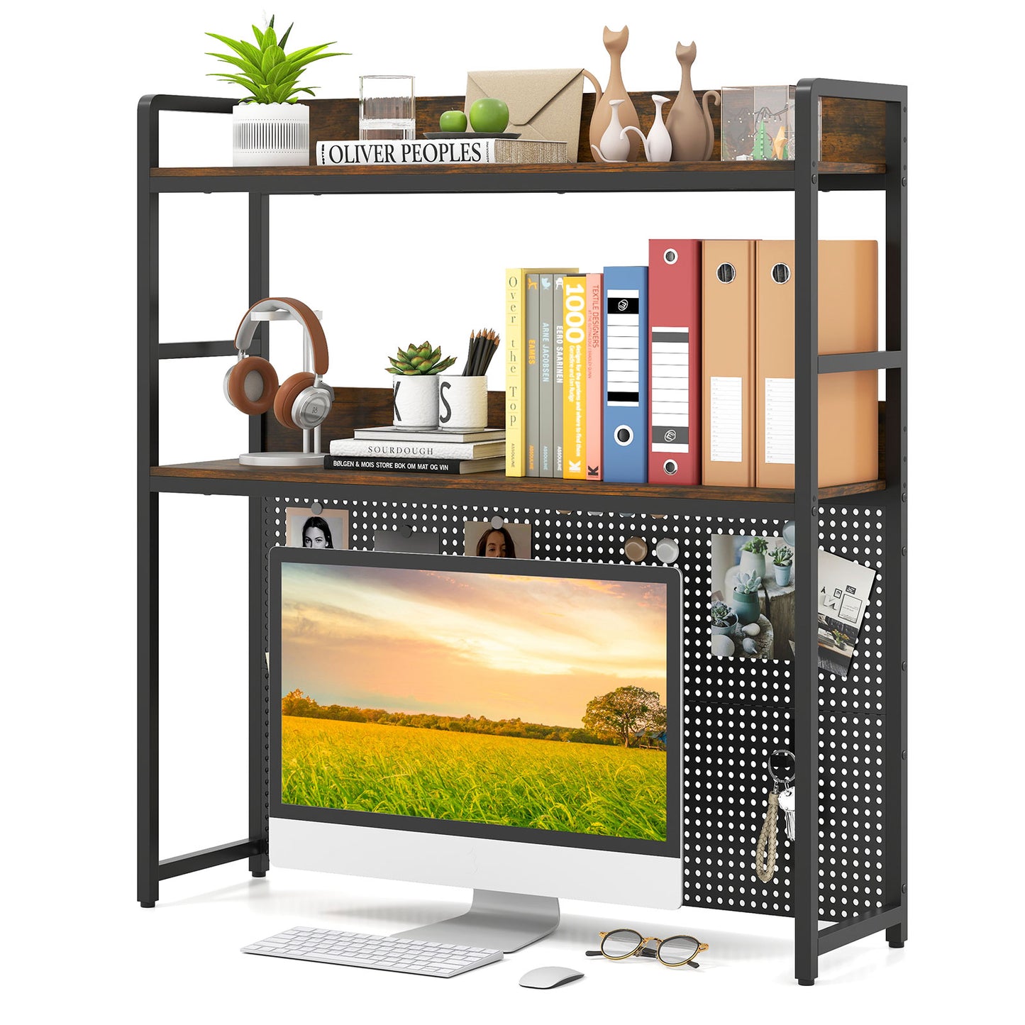 Multipurpose 2-Tier Desktop Bookshelf with Pegboard for up to 32 Inch Computer Monitor, Rustic Brown Bookcases at Gallery Canada