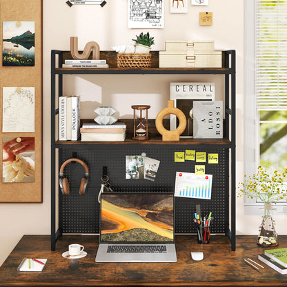 Multipurpose 2-Tier Desktop Bookshelf with Pegboard for up to 32 Inch Computer Monitor, Rustic Brown Bookcases at Gallery Canada