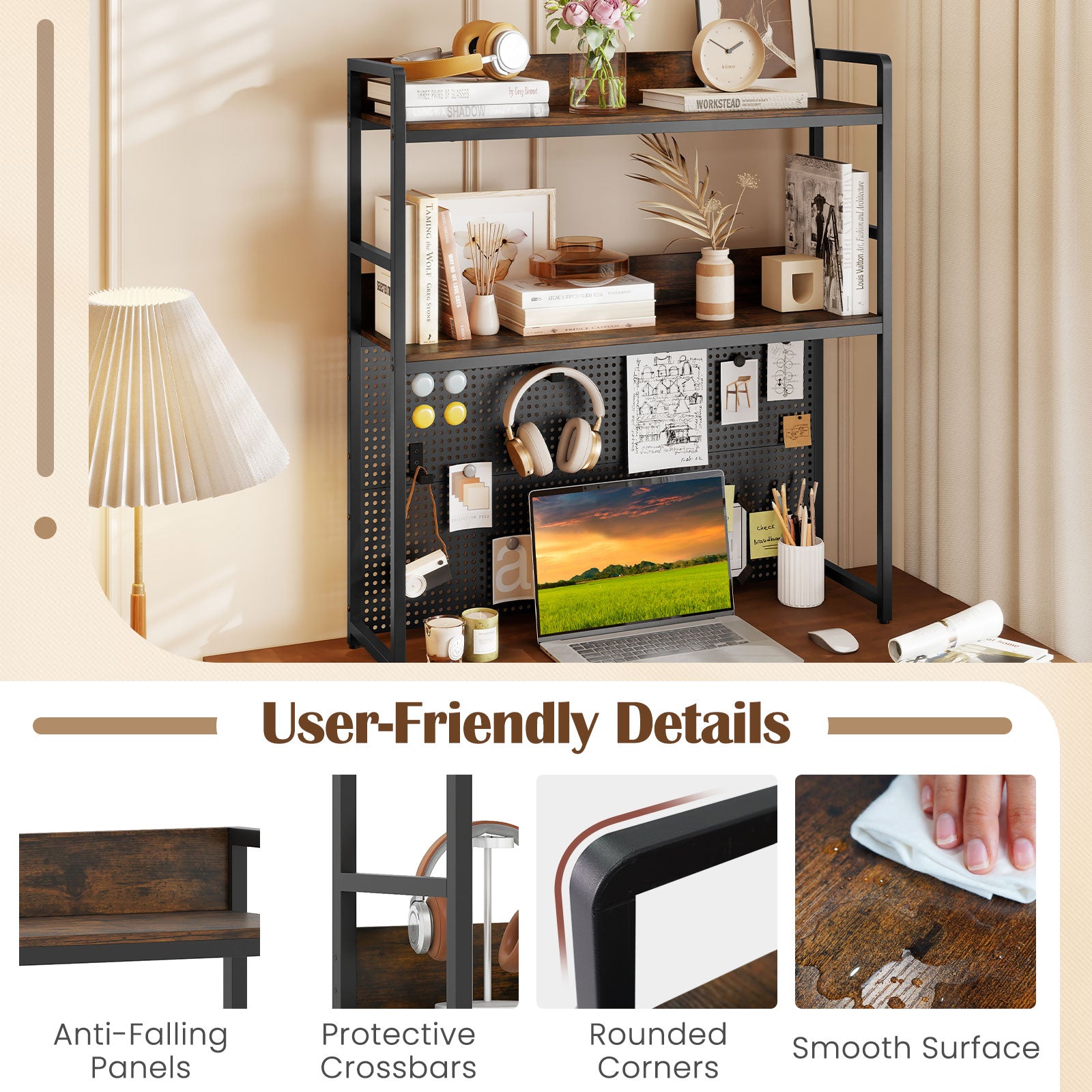 Multipurpose 2-Tier Desktop Bookshelf with Pegboard for up to 32 Inch Computer Monitor, Rustic Brown Bookcases at Gallery Canada