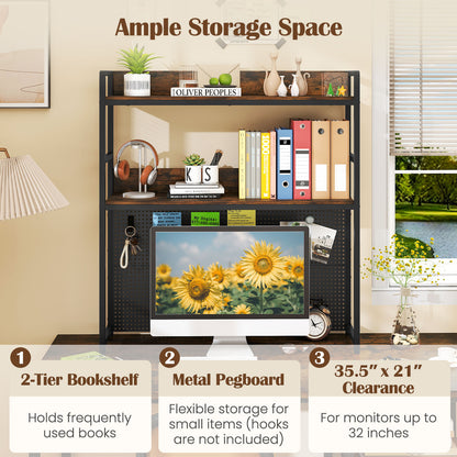 Multipurpose 2-Tier Desktop Bookshelf with Pegboard for up to 32 Inch Computer Monitor, Rustic Brown Bookcases at Gallery Canada