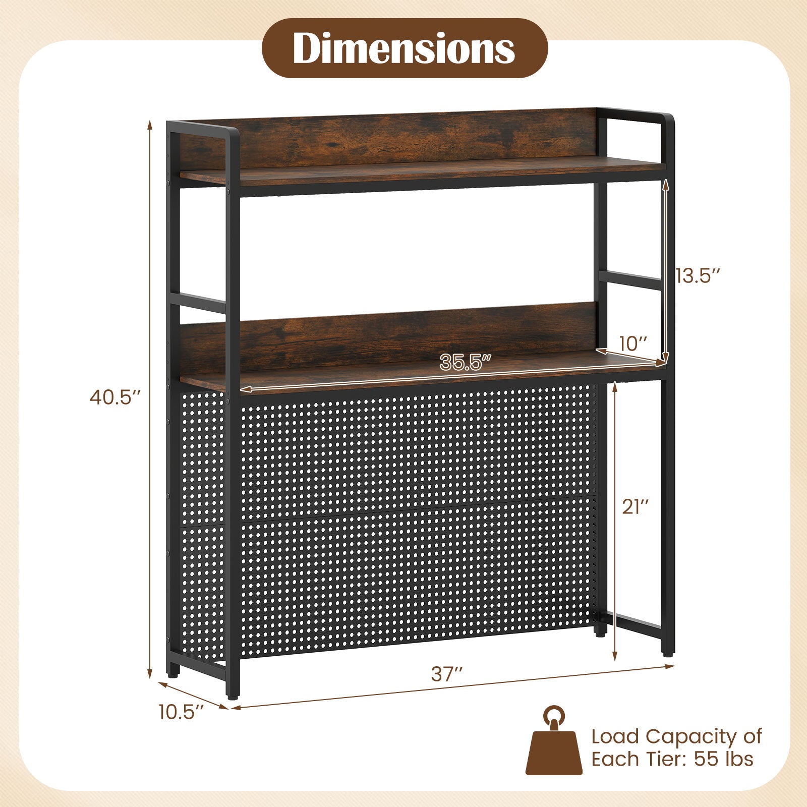 Multipurpose 2-Tier Desktop Bookshelf with Pegboard for up to 32 Inch Computer Monitor, Rustic Brown Bookcases at Gallery Canada