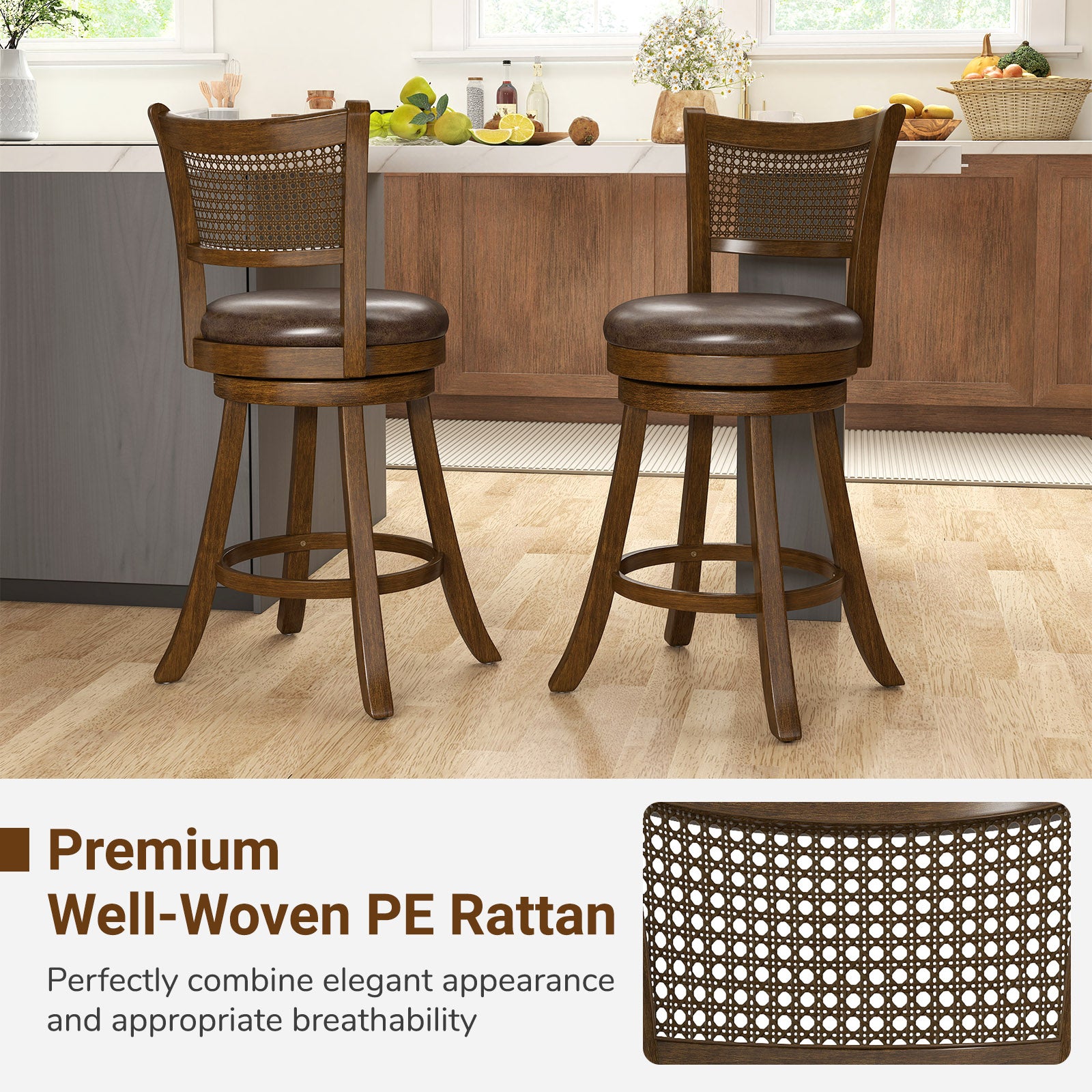 Set of 2 Bar Stools 25" Swivel Bar Chairs Leathaire Counter Height Stools, Brown Bar Stools at Gallery Canada