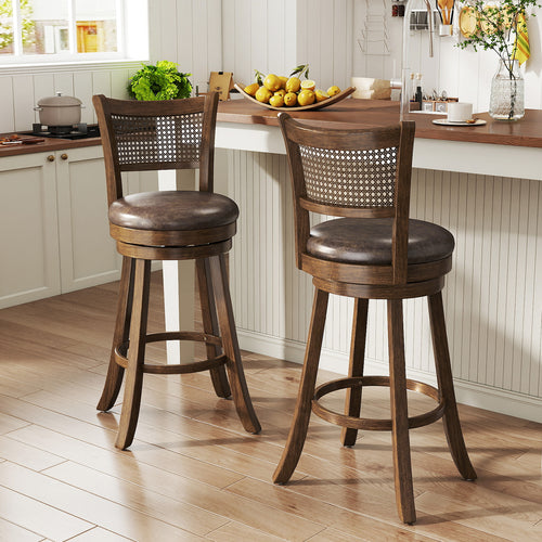 29 Inches Swivel Counter Height Barstool Set of 2 with Rattan Backrest and Footrest, Brown