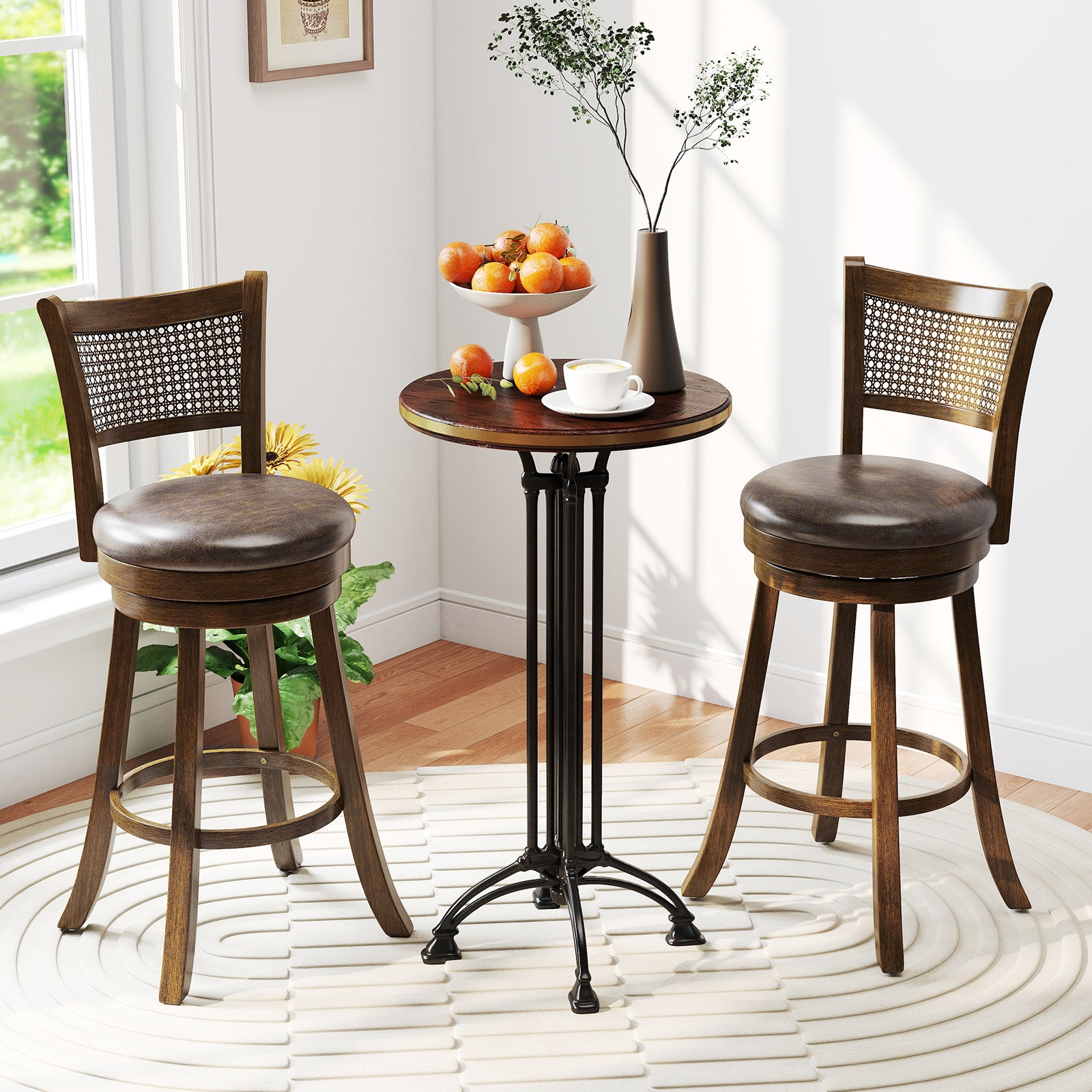 29 Inches Swivel Counter Height Barstool Set of 2 with Rattan Backrest and Footrest, Brown Bar Stools at Gallery Canada