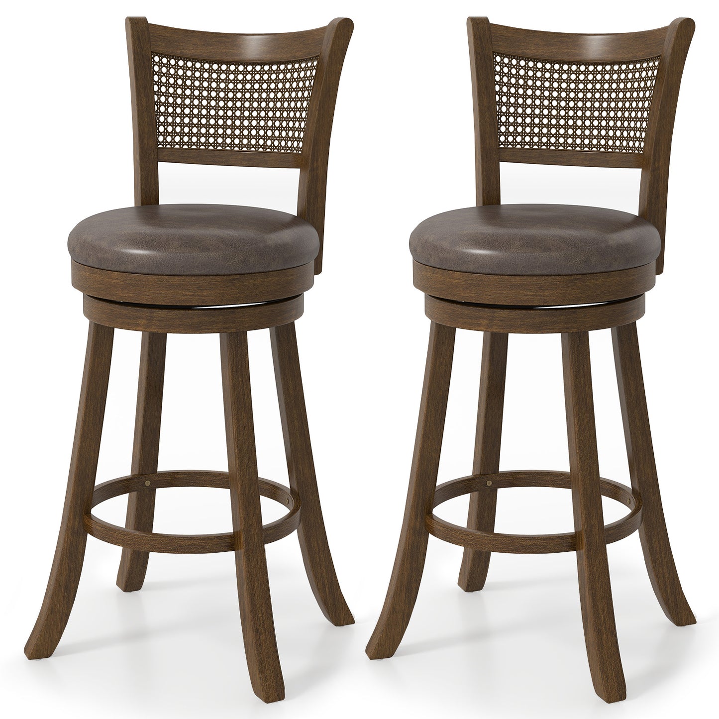 29 Inches Swivel Counter Height Barstool Set of 2 with Rattan Backrest and Footrest, Brown Bar Stools at Gallery Canada