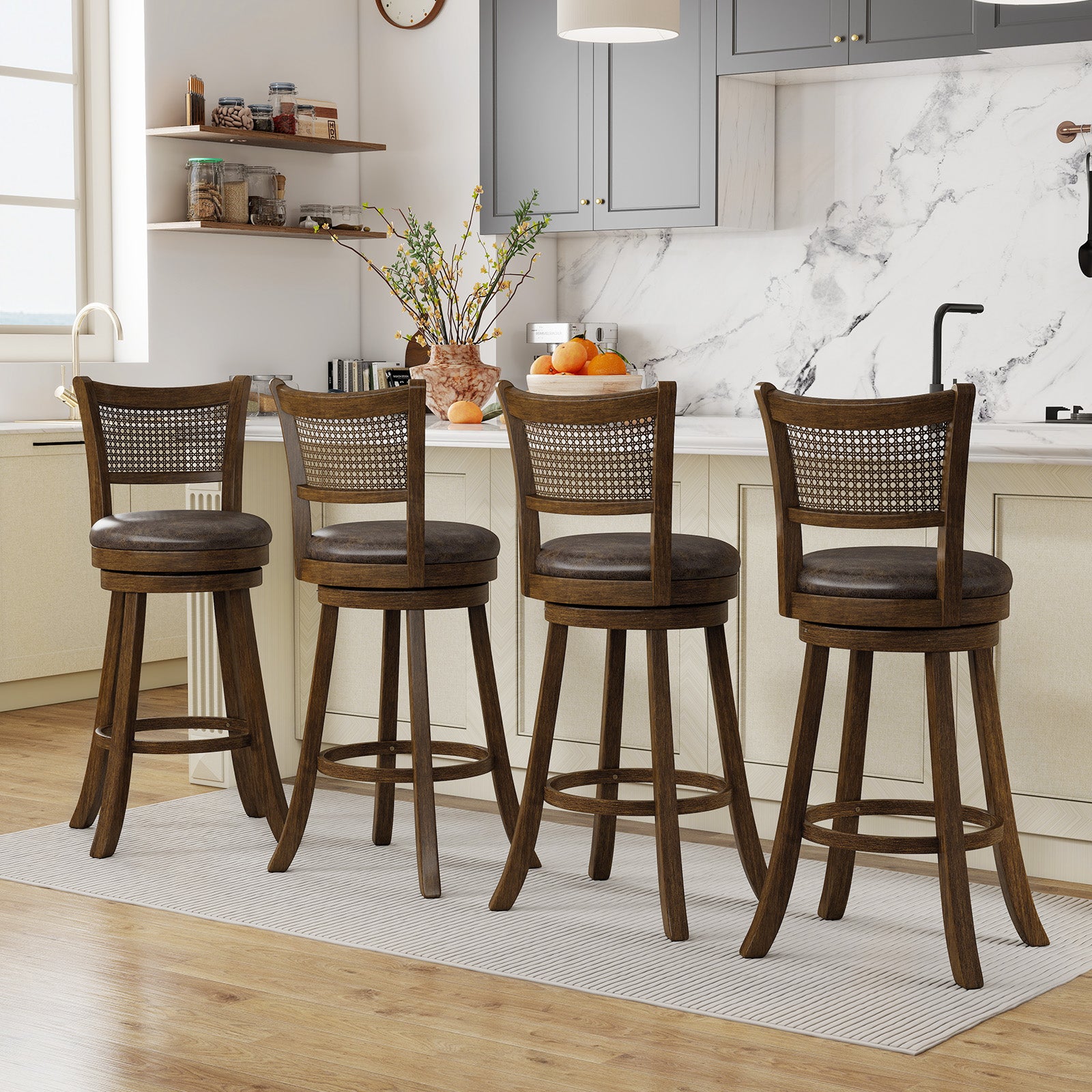 29 Inches Swivel Counter Height Barstool Set of 2 with Rattan Backrest and Footrest, Brown Bar Stools at Gallery Canada