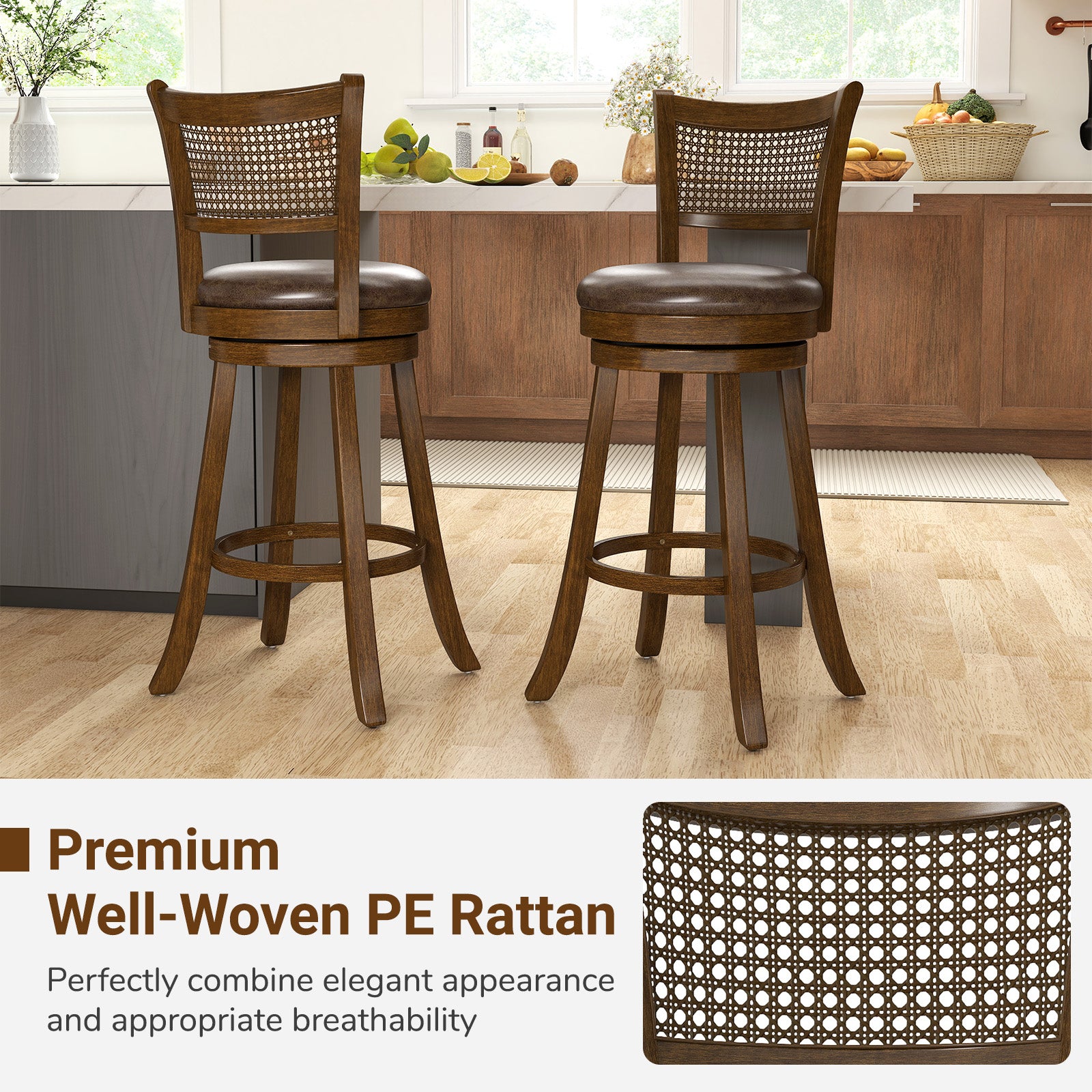 29 Inches Swivel Counter Height Barstool Set of 2 with Rattan Backrest and Footrest, Brown Bar Stools at Gallery Canada