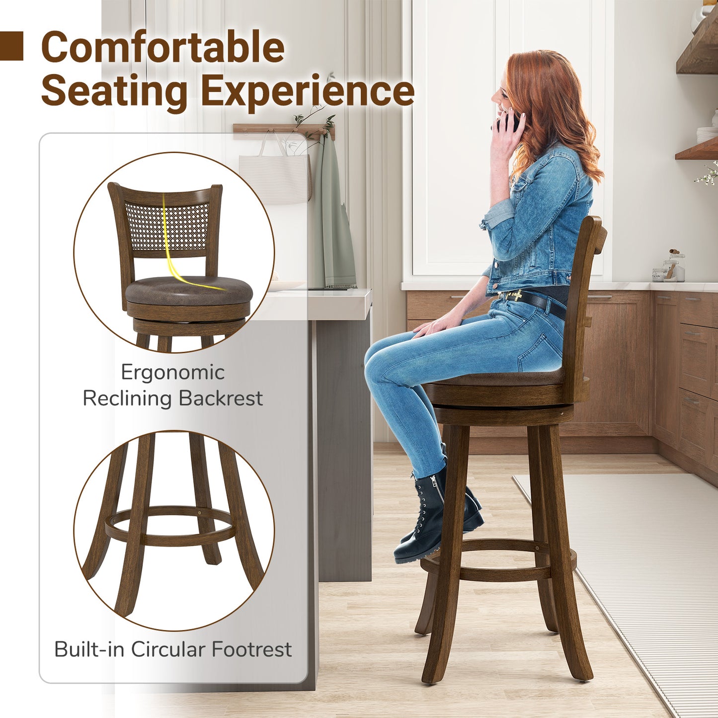 29 Inches Swivel Counter Height Barstool Set of 2 with Rattan Backrest and Footrest, Brown Bar Stools at Gallery Canada