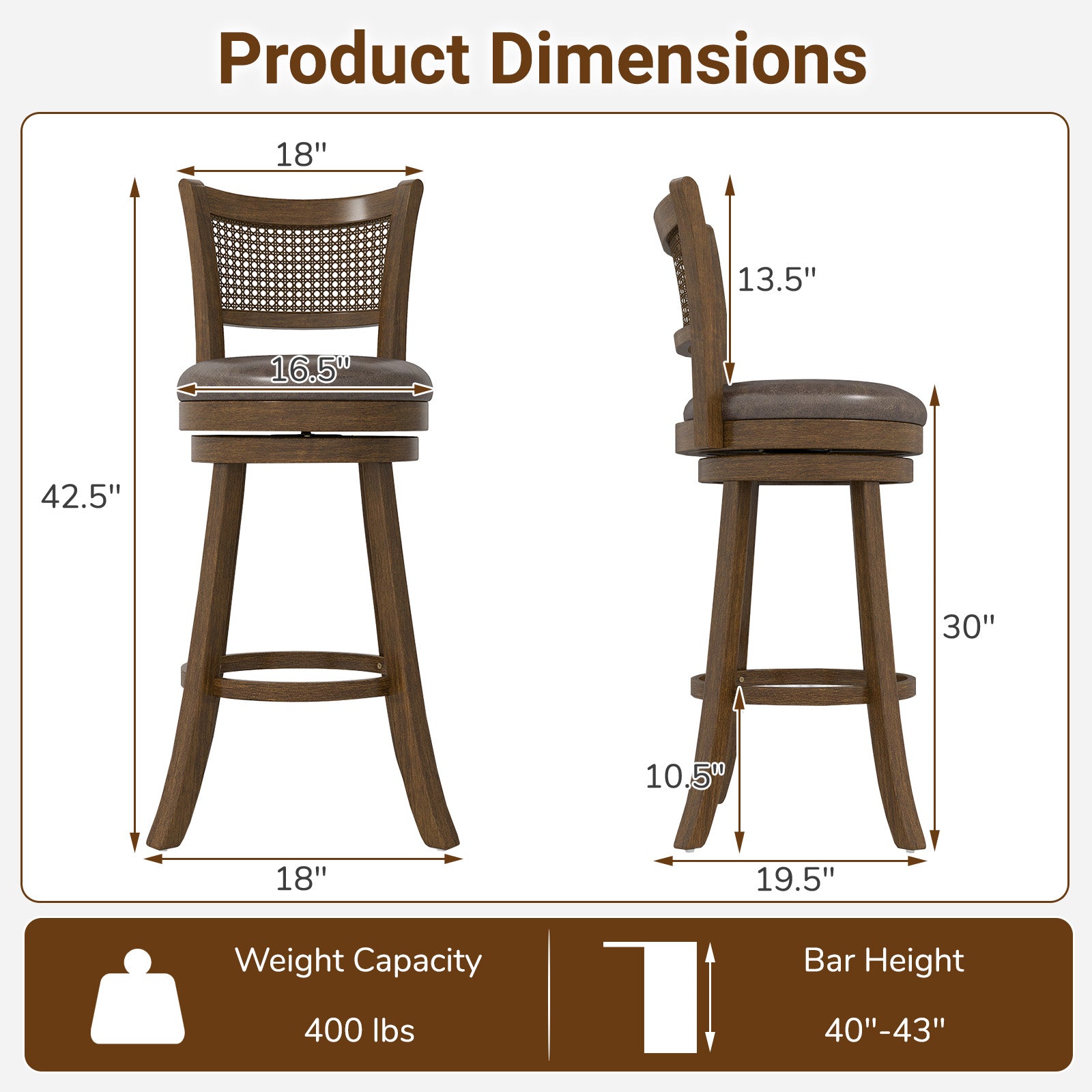 29 Inches Swivel Counter Height Barstool Set of 2 with Rattan Backrest and Footrest, Brown Bar Stools at Gallery Canada