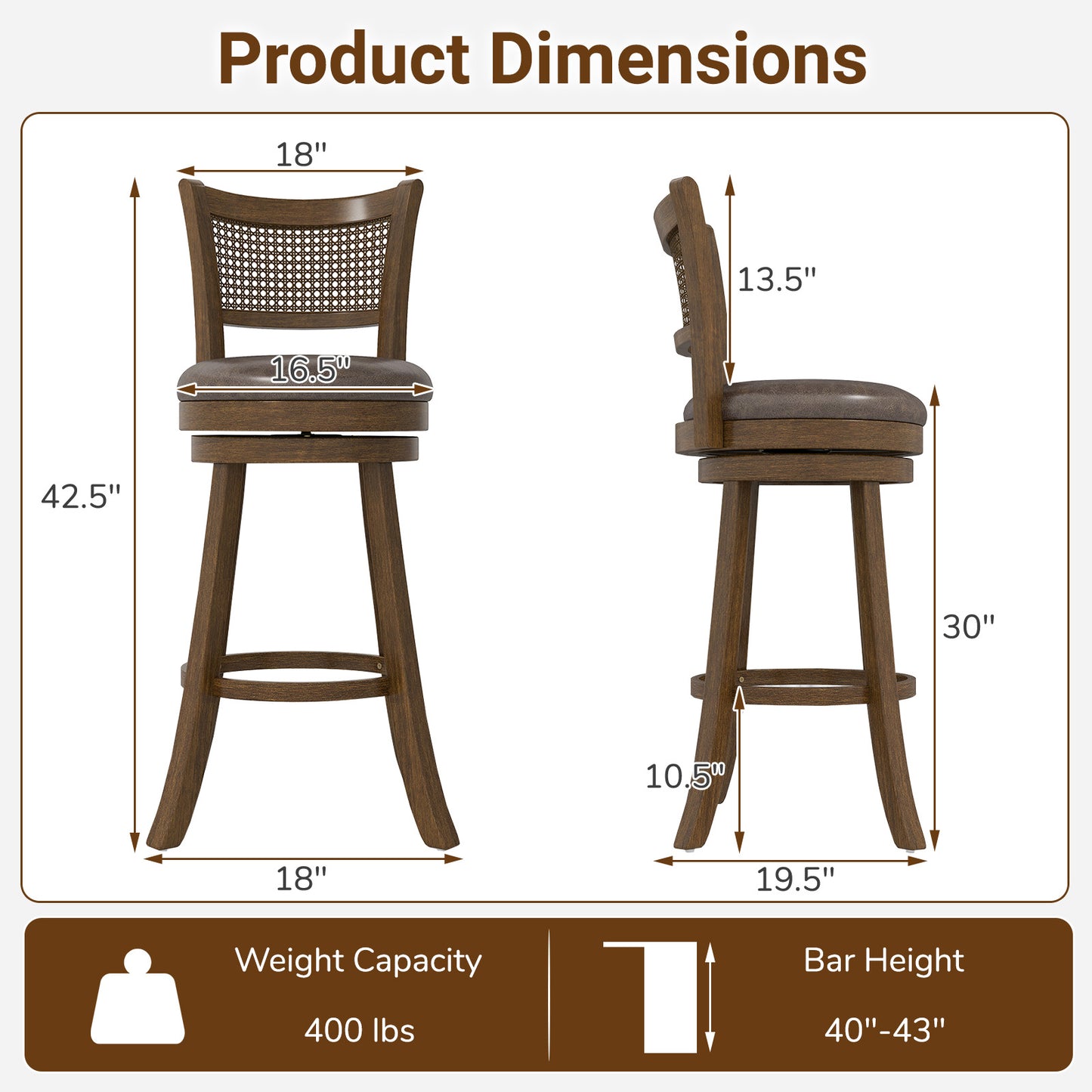 29 Inches Swivel Counter Height Barstool Set of 2 with Rattan Backrest and Footrest, Brown Bar Stools at Gallery Canada