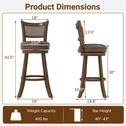 29 Inches Swivel Counter Height Barstool Set of 2 with Rattan Backrest and Footrest, Brown Bar Stools at Gallery Canada