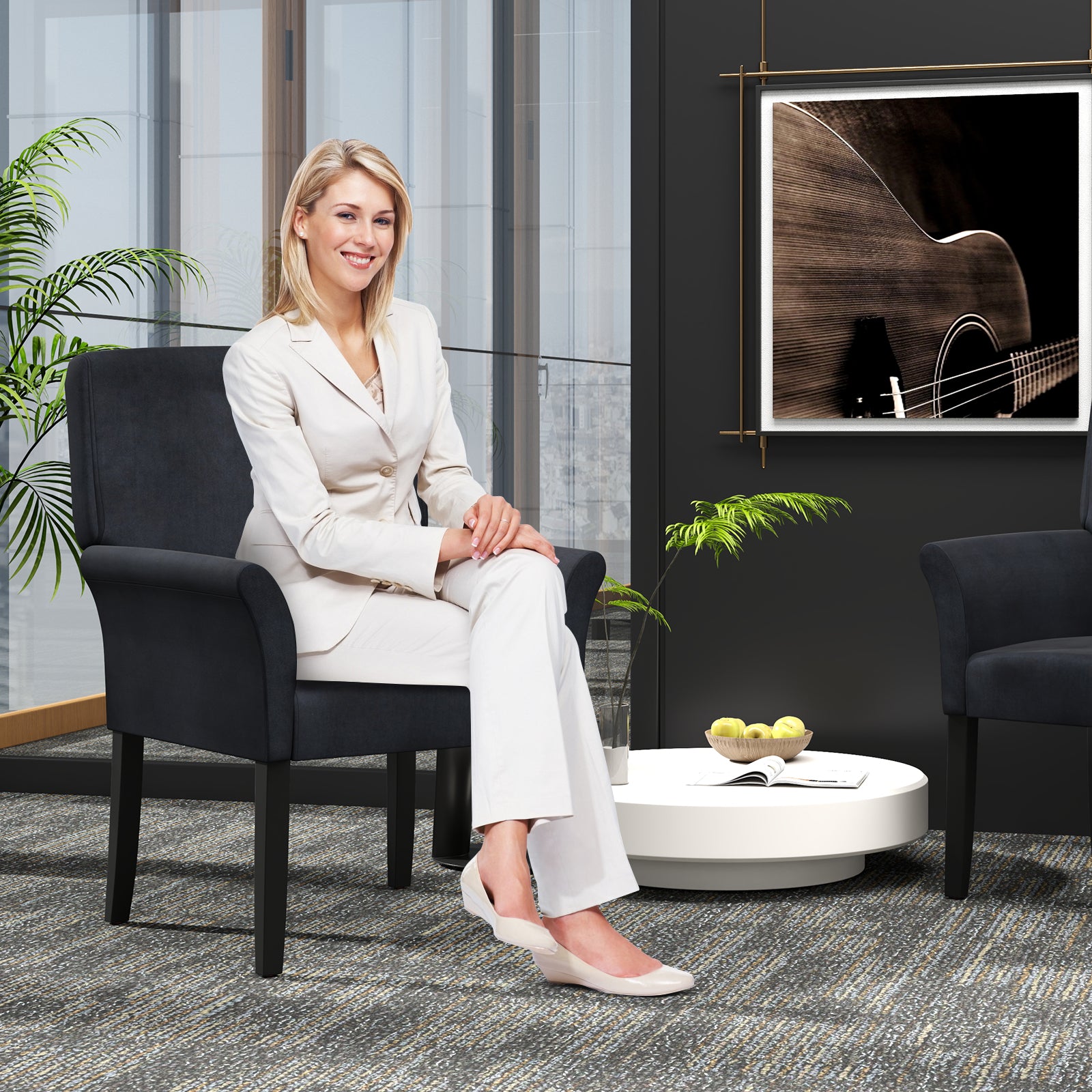Fabric Upholstered Executive Guest Armchair with Rubber Wood Legs, Black Accent Chairs at Gallery Canada
