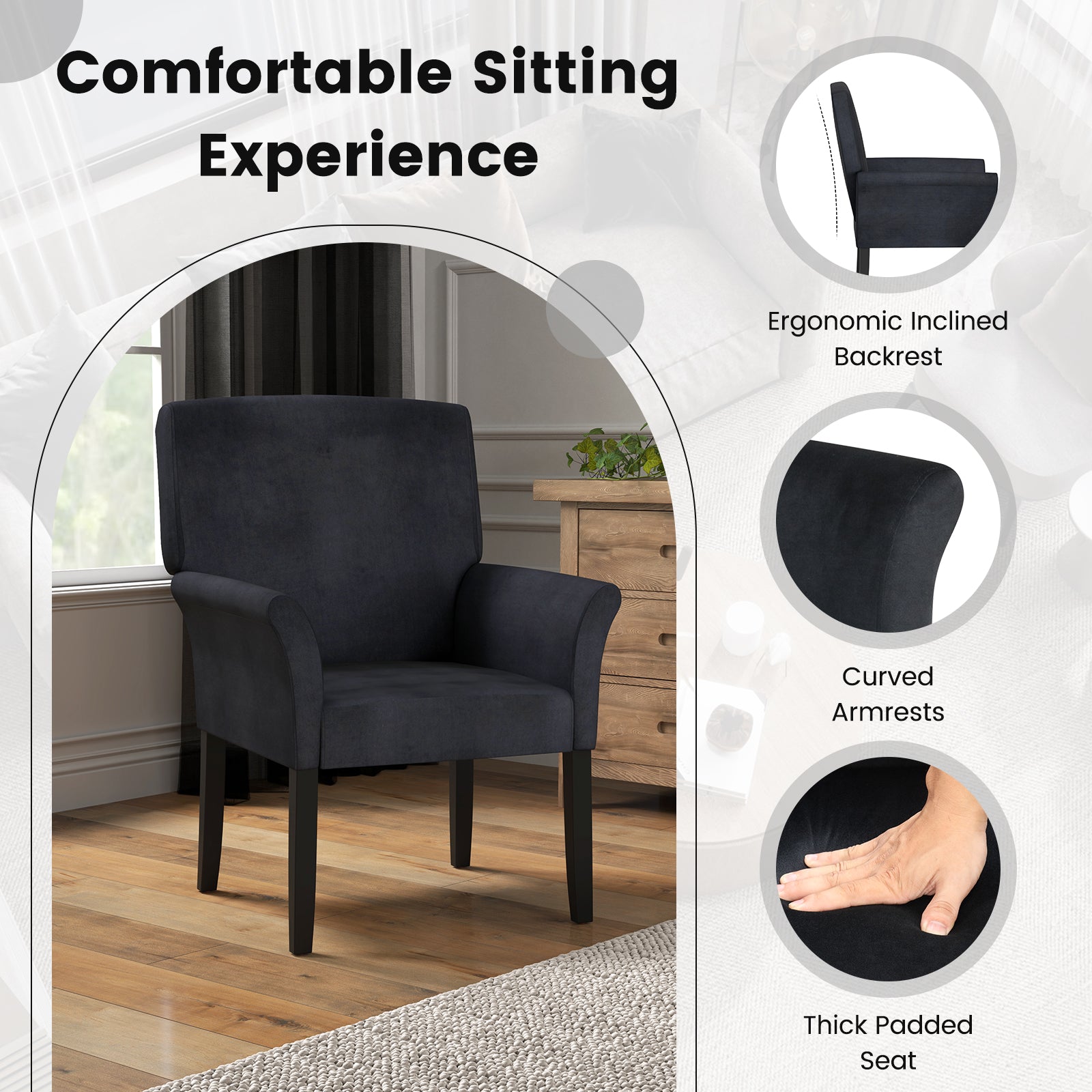 Fabric Upholstered Executive Guest Armchair with Rubber Wood Legs, Black Accent Chairs at Gallery Canada