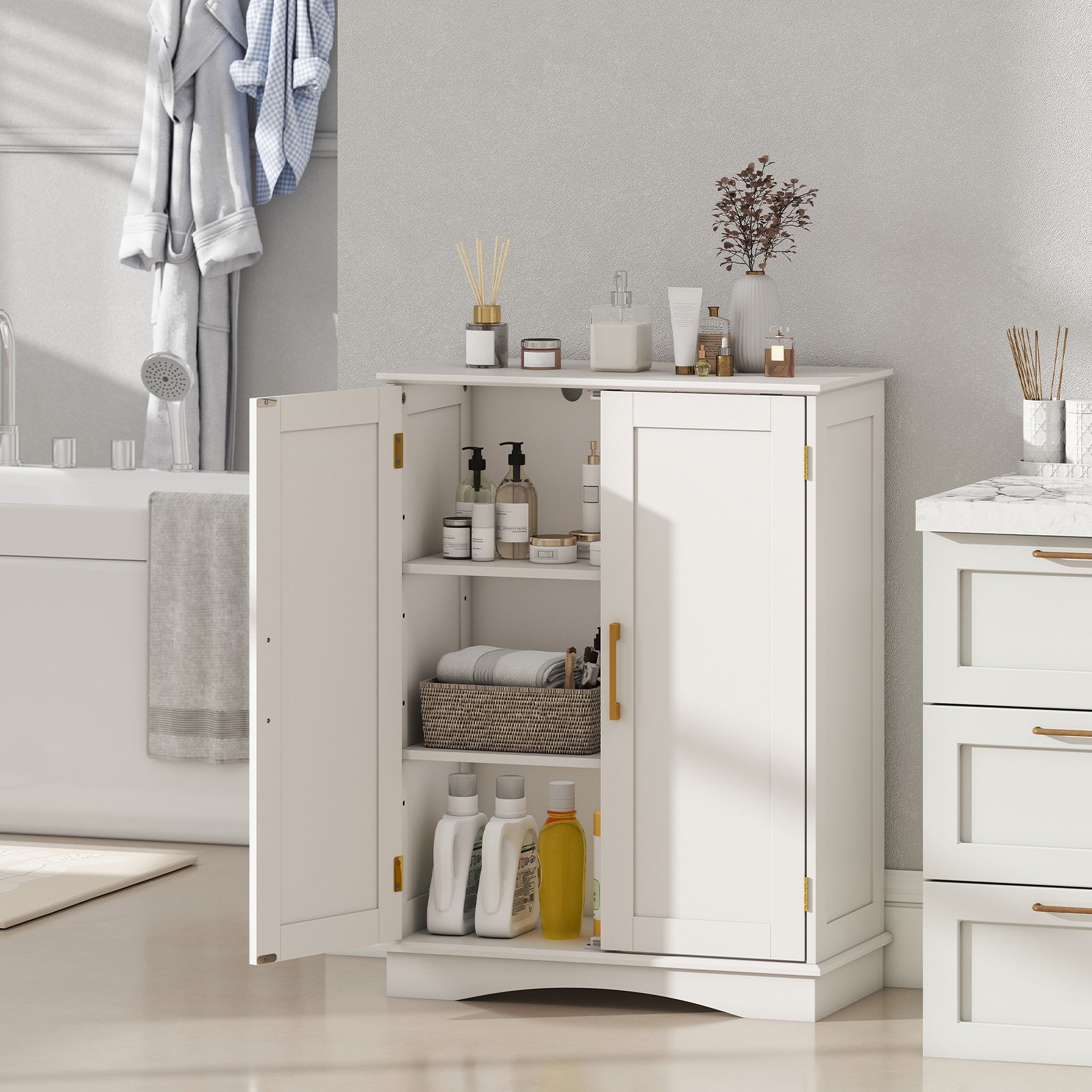 Bathroom Floor Storage Cabinet with 2 Doors and Adjustable Shelves, White Floor Cabinets at Gallery Canada