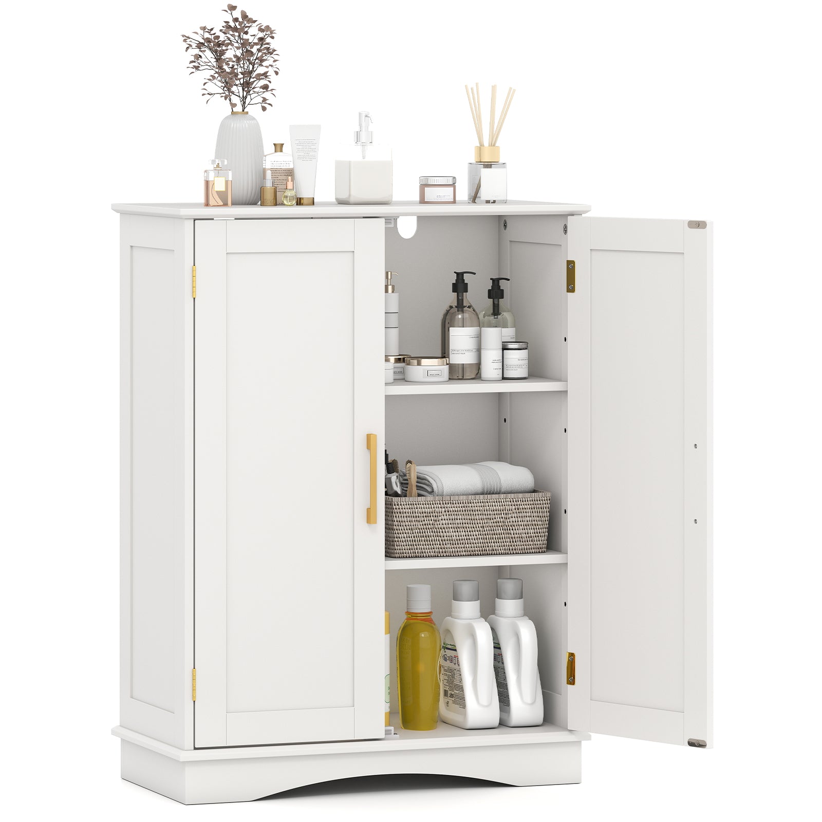 Bathroom Floor Storage Cabinet with 2 Doors and Adjustable Shelves, White Floor Cabinets White at Gallery Canada