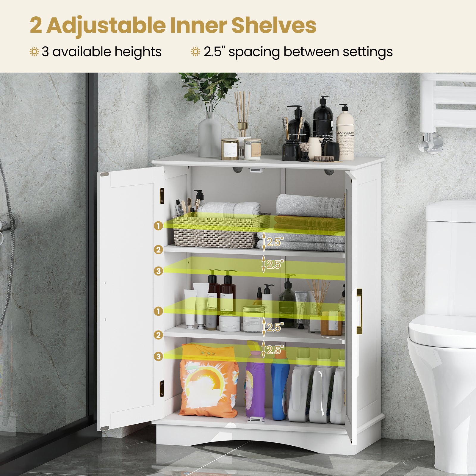 Bathroom Floor Storage Cabinet with 2 Doors and Adjustable Shelves, White Floor Cabinets at Gallery Canada