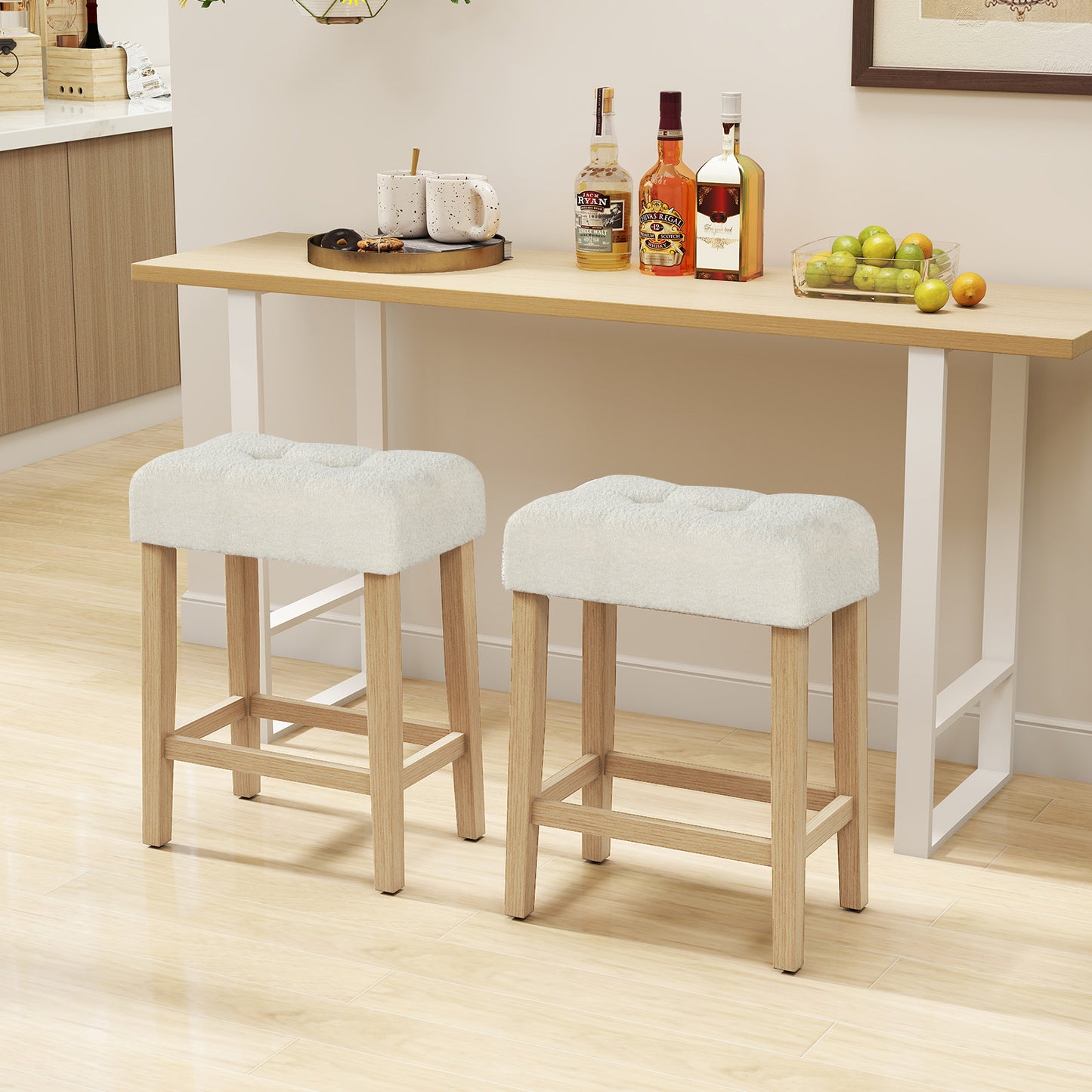 Modern Counter Height Bar Stools Set of 2 with Rubber Wood Legs-Beige and Natural, Beige Bar Stools at Gallery Canada