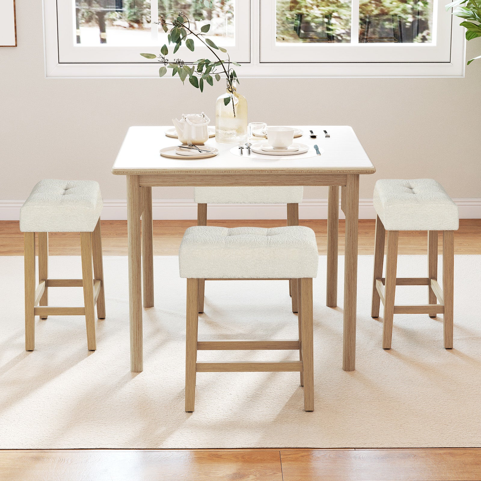 Modern Counter Height Bar Stools Set of 2 with Rubber Wood Legs-Beige and Natural, Beige Bar Stools at Gallery Canada