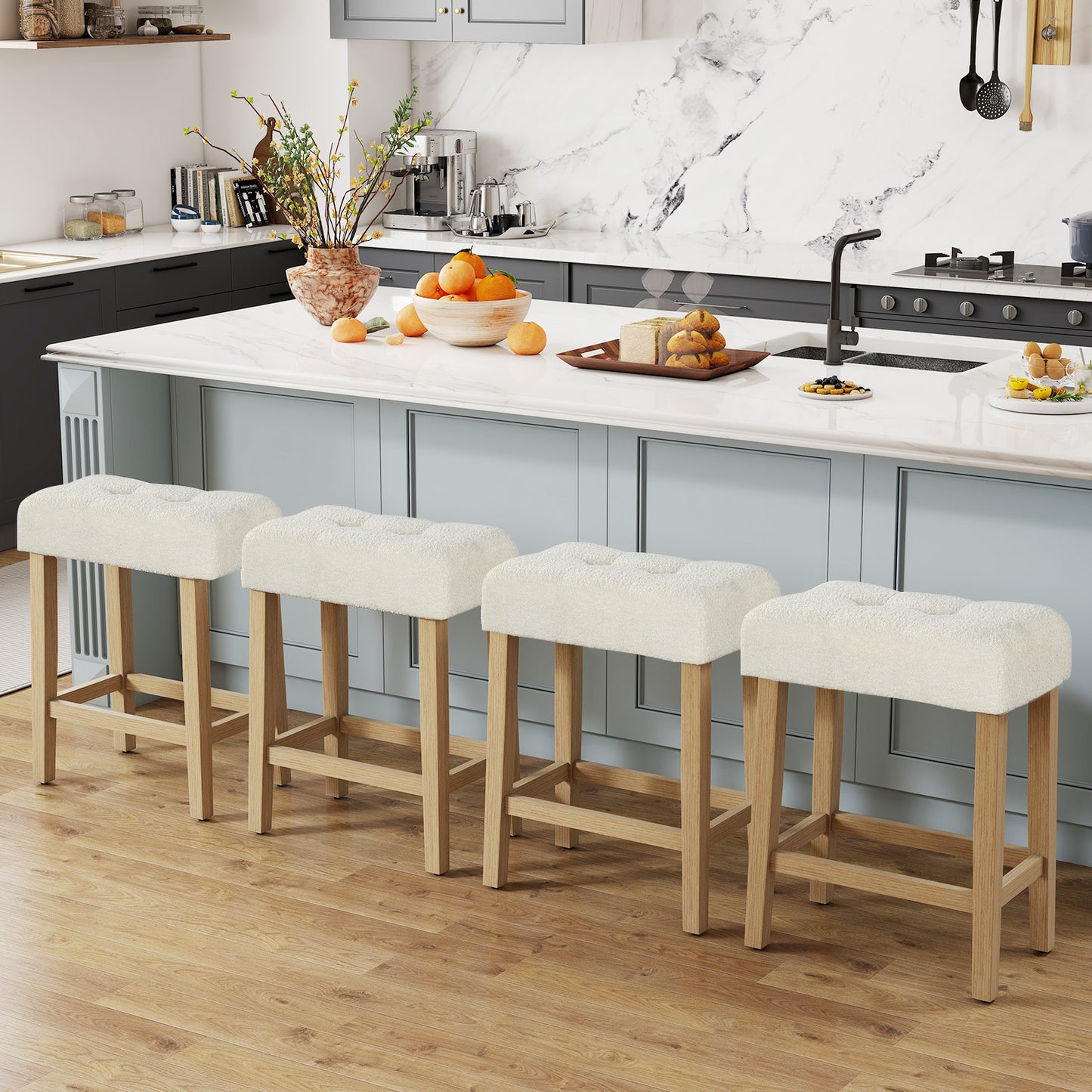 Modern Counter Height Bar Stools Set of 2 with Rubber Wood Legs-Beige and Natural, Beige Bar Stools at Gallery Canada