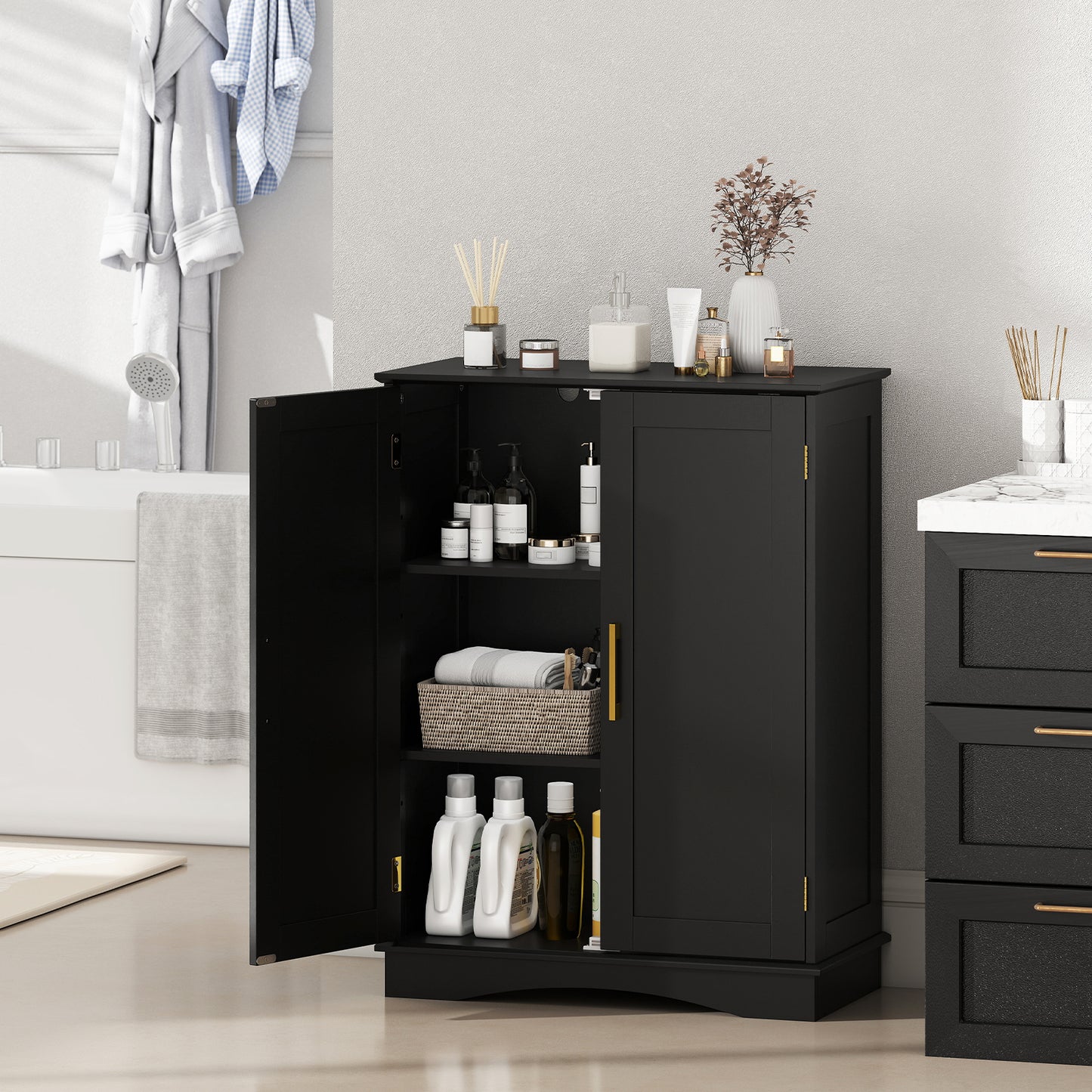 Bathroom Floor Storage Cabinet, 2 Doors, Adjustable Shelves, Black Floor Cabinets at Gallery Canada