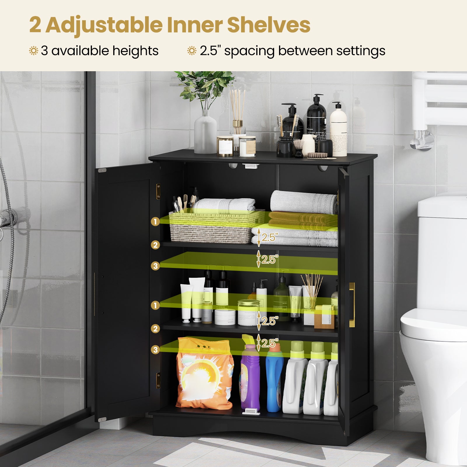 Bathroom Floor Storage Cabinet, 2 Doors, Adjustable Shelves, Black Floor Cabinets at Gallery Canada