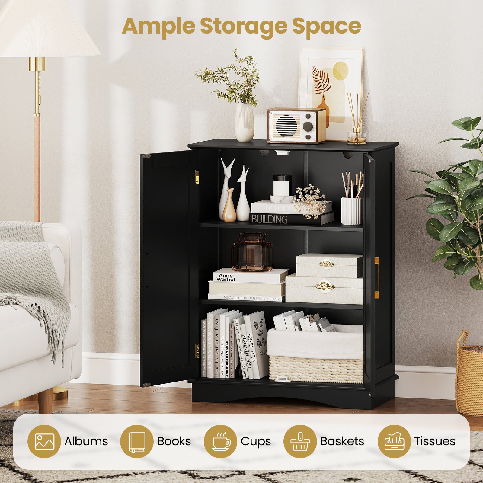 Bathroom Floor Storage Cabinet, 2 Doors, Adjustable Shelves, Black Floor Cabinets at Gallery Canada