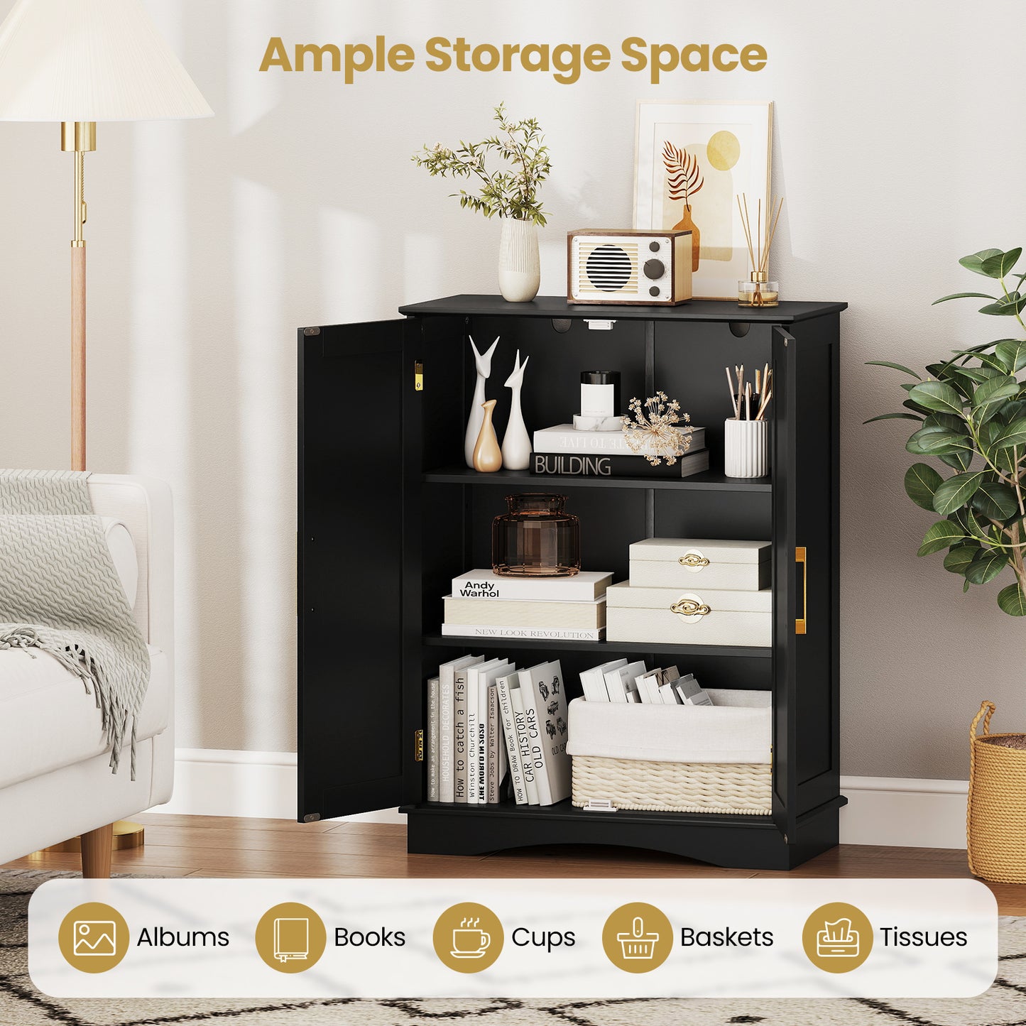 Bathroom Floor Storage Cabinet, 2 Doors, Adjustable Shelves, Black Floor Cabinets at Gallery Canada