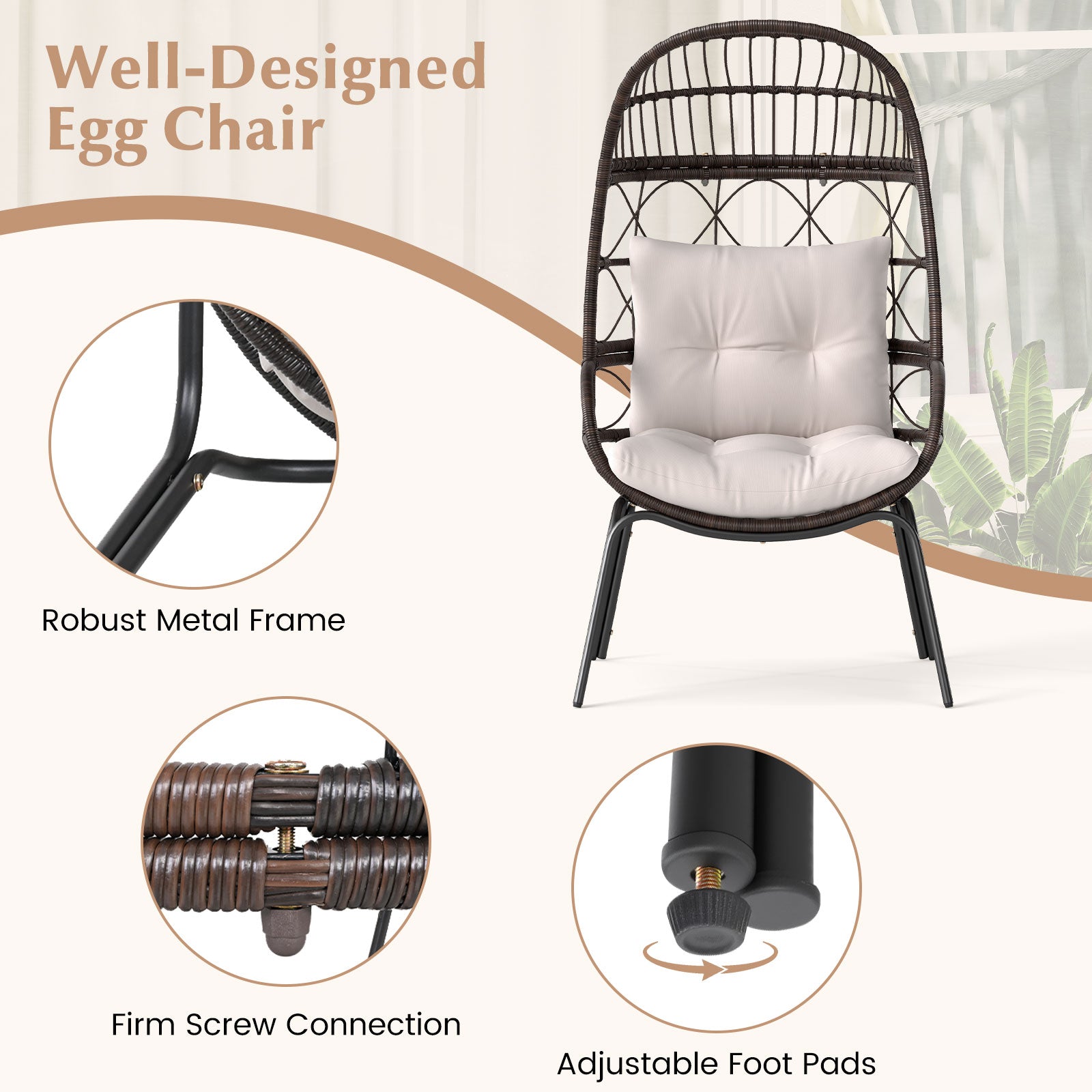 Patio Wicker Egg Chair Outdoor Rattan Lounge Basket with Seat and Back Cushions, Brown Outdoor Chaise Lounges at Gallery Canada