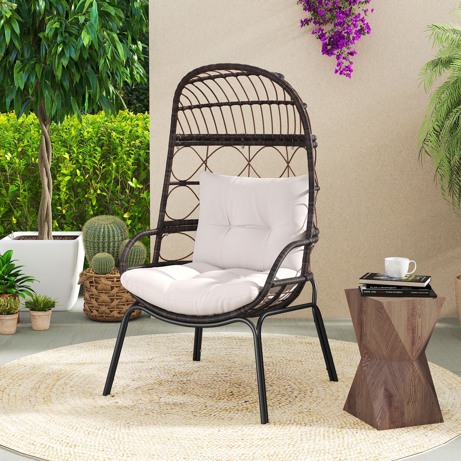 Patio Wicker Egg Chair Outdoor Rattan Lounge Basket with Seat and Back Cushions, Brown Outdoor Chaise Lounges at Gallery Canada