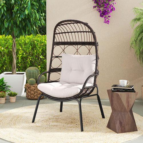 Patio Wicker Egg Chair Outdoor Rattan Lounge Basket with Seat and Back Cushions, Brown
