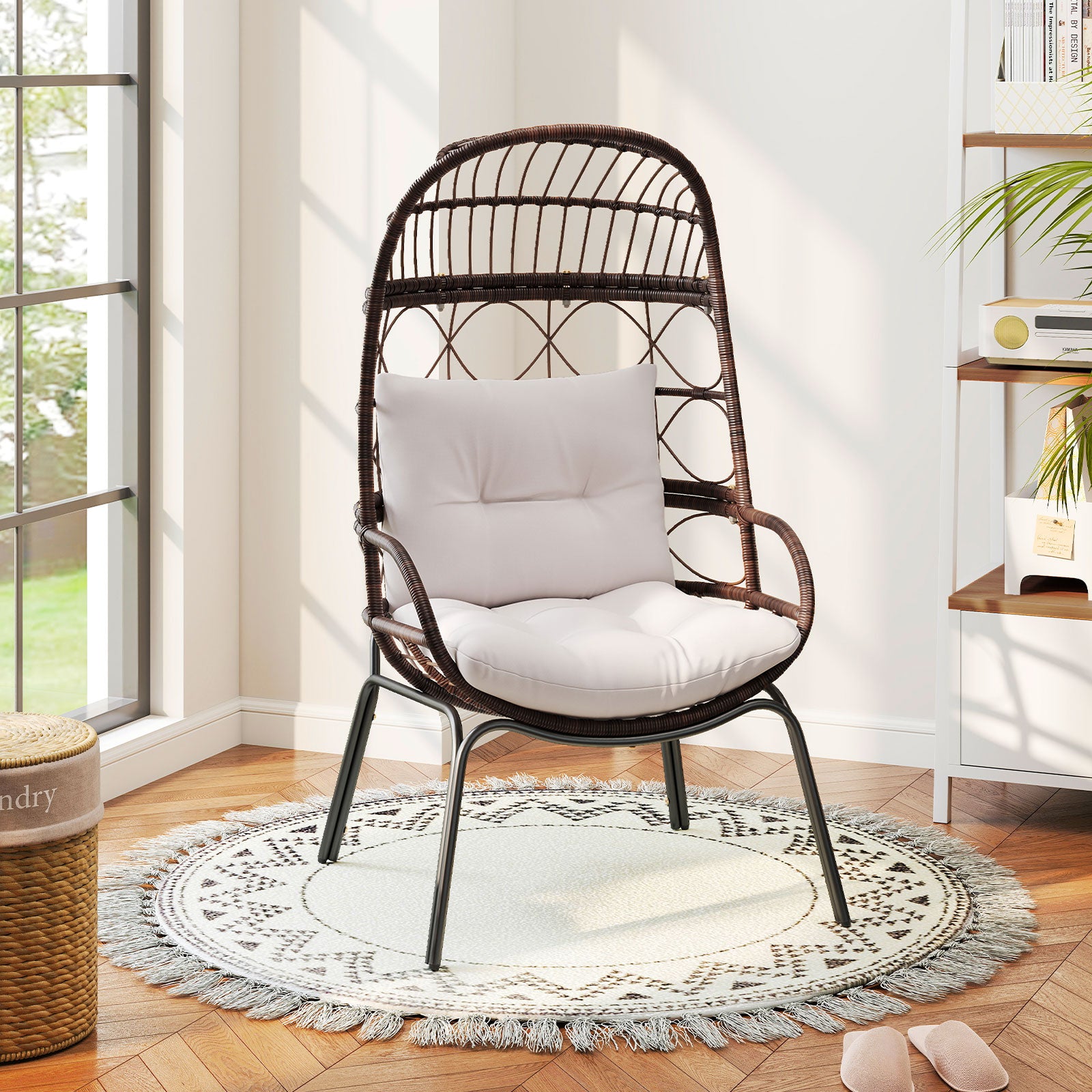 Patio Wicker Egg Chair Outdoor Rattan Lounge Basket with Seat and Back Cushions, Brown Outdoor Chaise Lounges at Gallery Canada