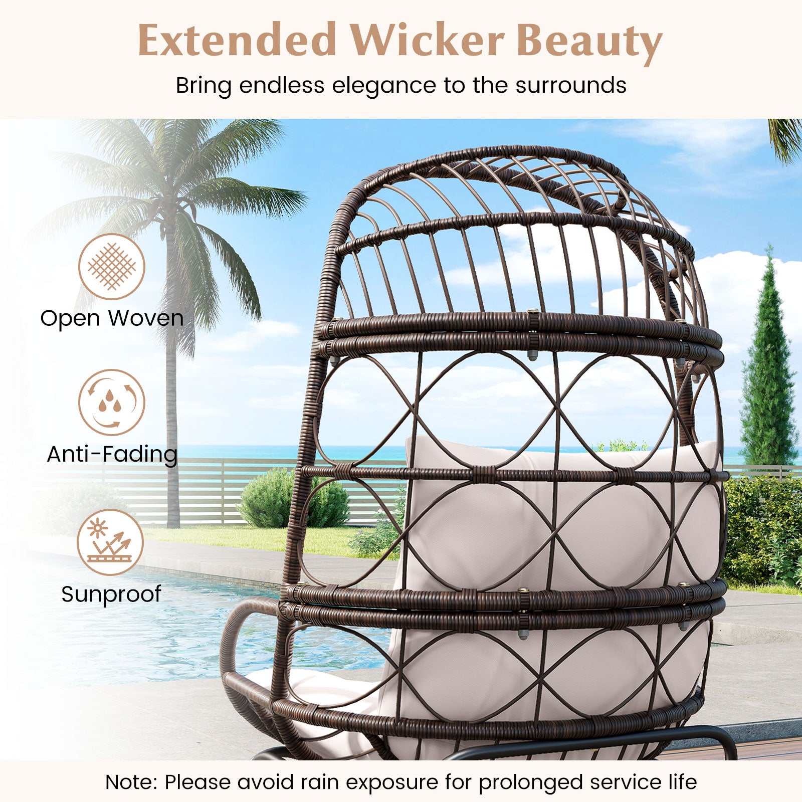 Patio Wicker Egg Chair Outdoor Rattan Lounge Basket with Seat and Back Cushions, Brown Outdoor Chaise Lounges at Gallery Canada